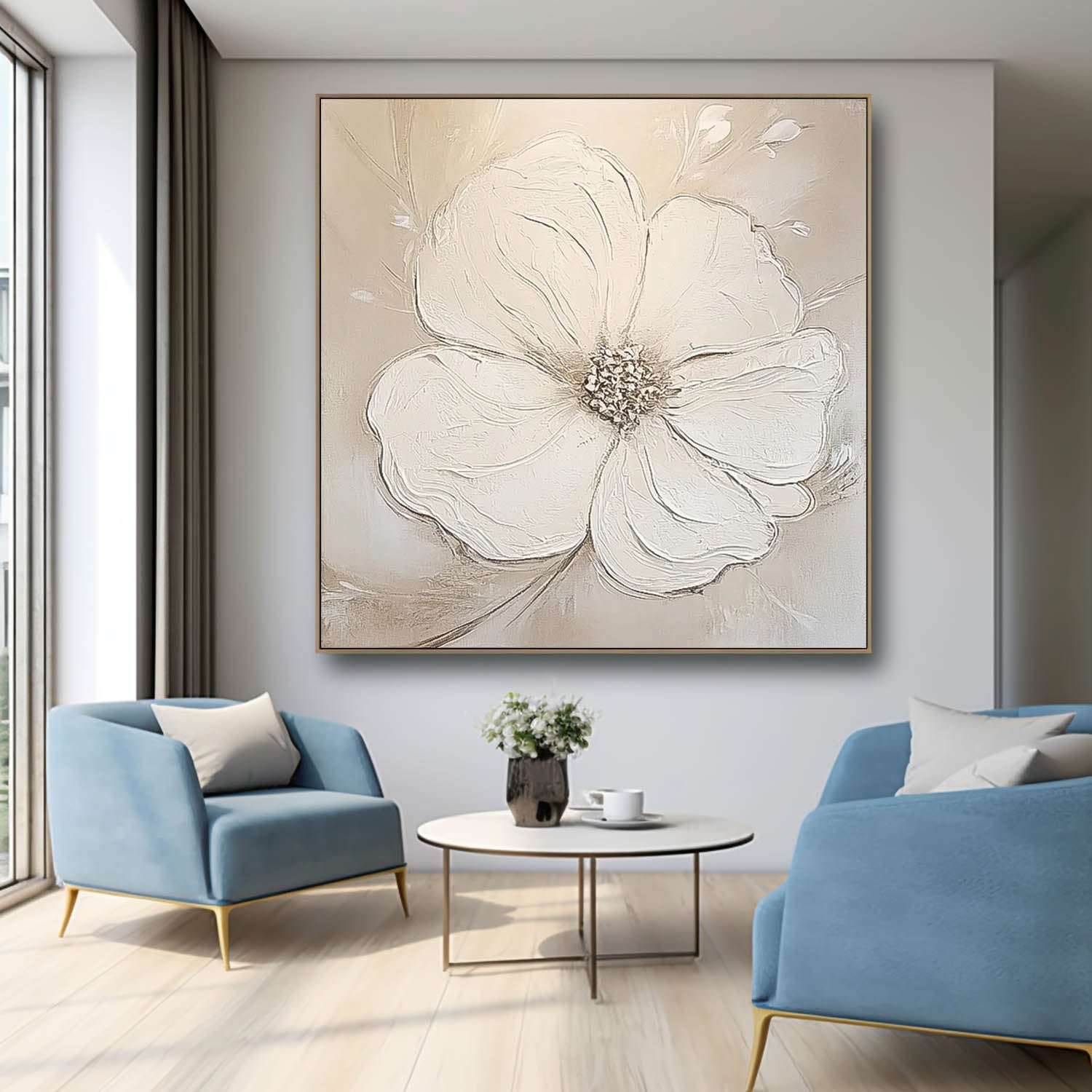 Simple Minimalist Art Original Large Textured Four Leaf Clover Painting Modern White Wall Art For Living Room