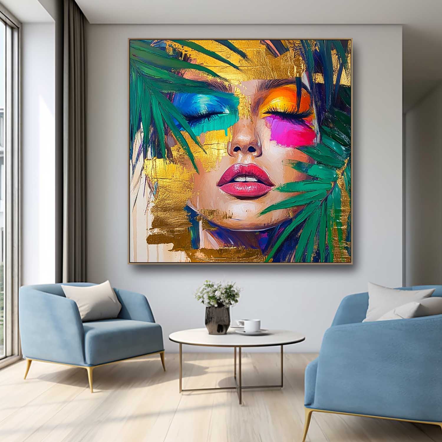 Square Large Woman Portrait Artwork Beautiful Girl Abstract Wall Art Origina Lady Acrylic Painting Canvas