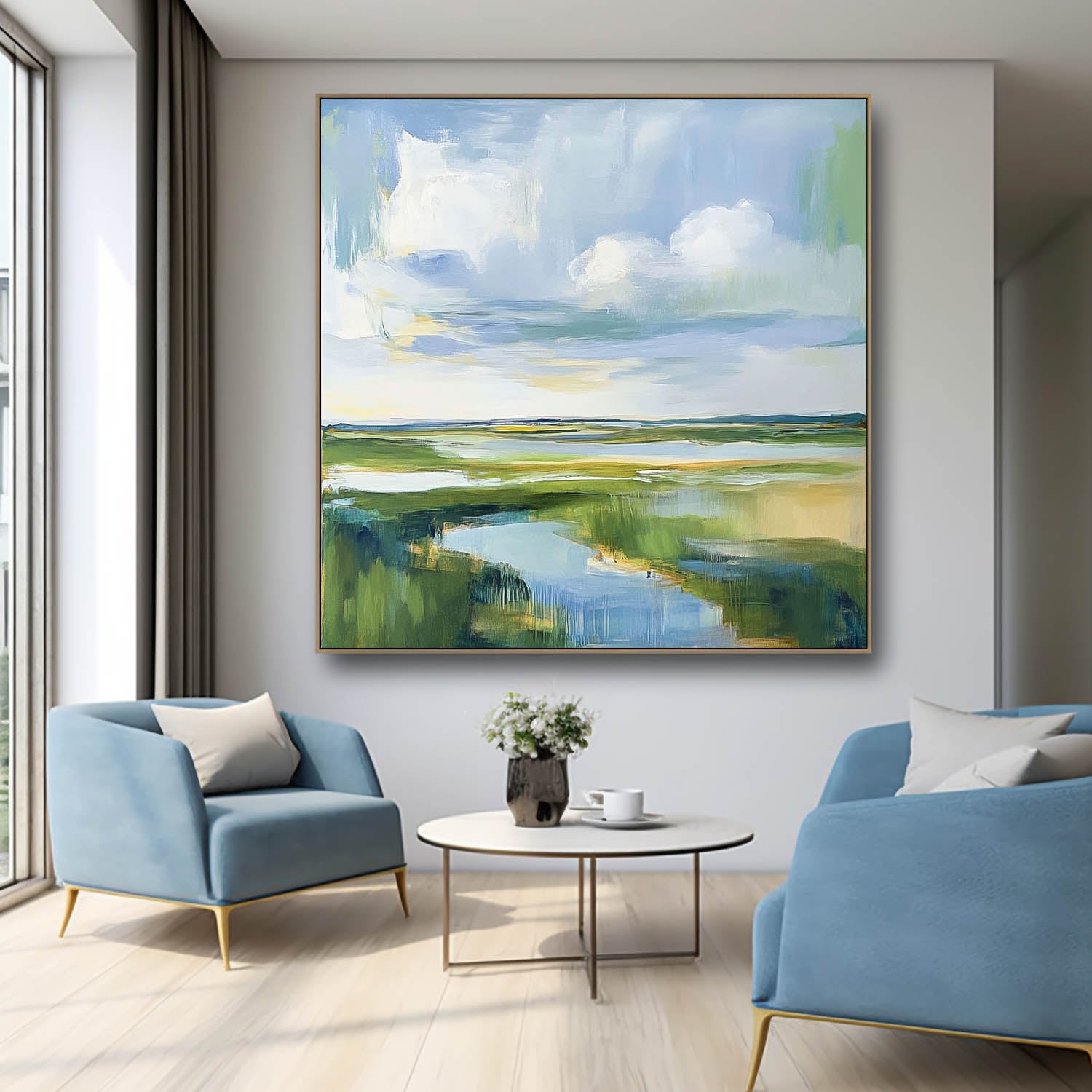 Large Blue Texture Wall Art Framed Abstract Lake Landscape Oil Painting Green Countryside Landscape Artwork