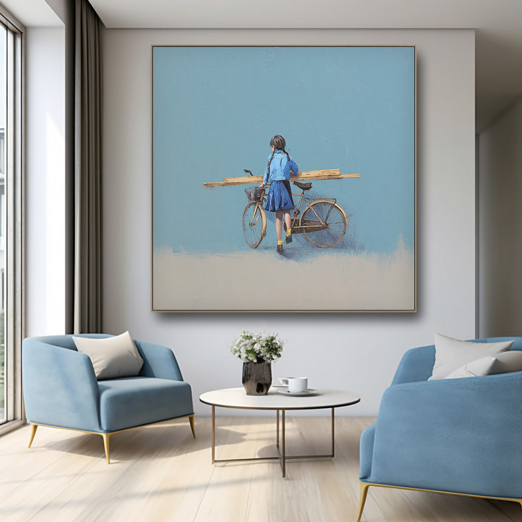 Blue Wall Art Minimalist Girl Riding A Bicycle Painting Abstract Warm atmosphere Art For Living Room