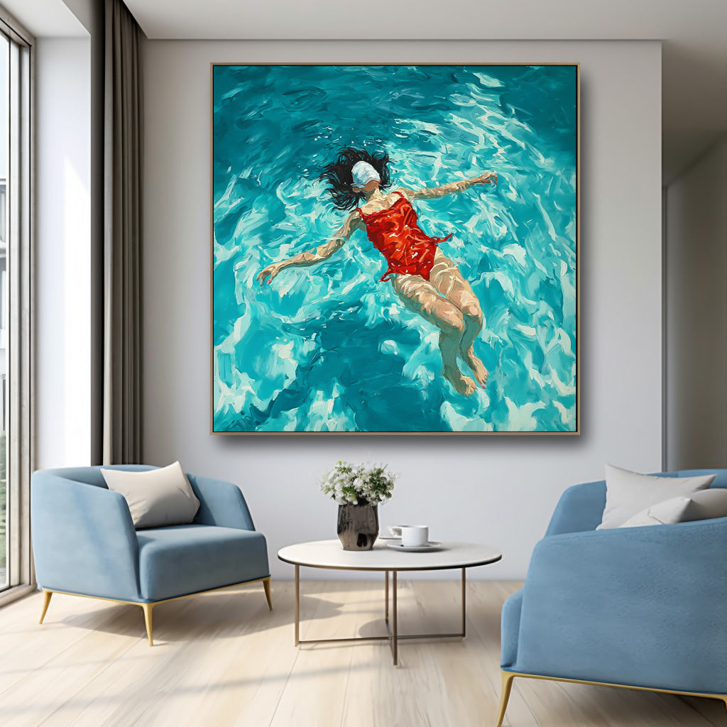 Square Diving In Ocean Sensual Woman Acrylic Painting Original Girl swimming Wall Art Pretty Lady Artwork