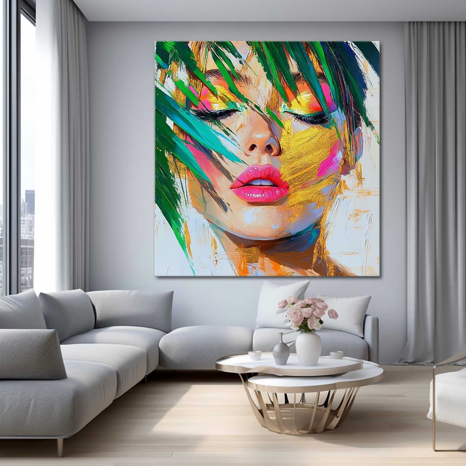 Beautiful Girl Abstract Wall Art Origina Lady Face Acrylic Painting Canvas Square Large Portrait Artwork