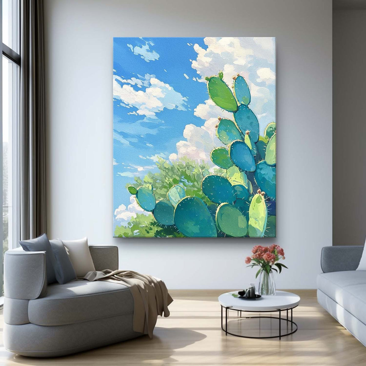 Abstract Scenery Oil Painting Large Cute Cactus Painting On Canvas Bright Landscape Texture For Living Room