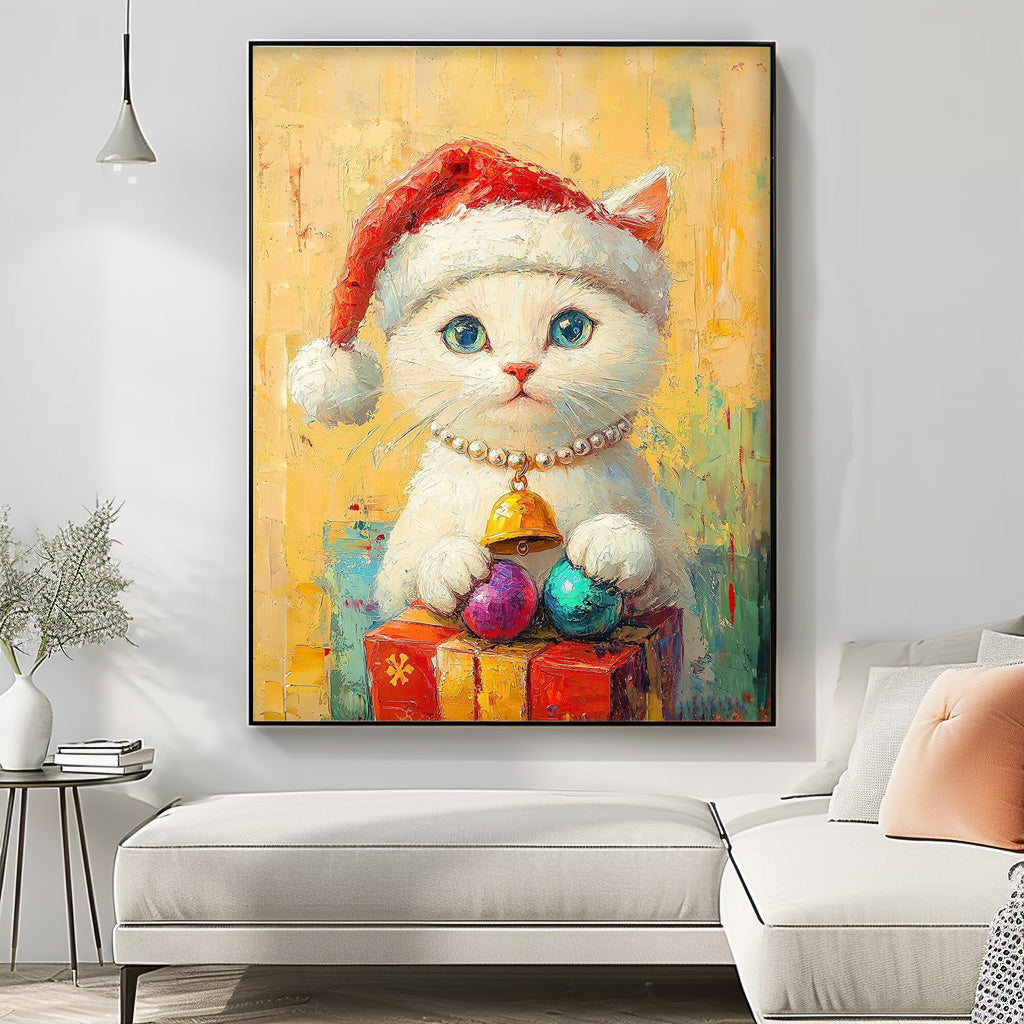 Texture Christmas Animal Oil Painting Large Christmas Cat Oil Painting Cat Holding A Gift Wall Art decor Art