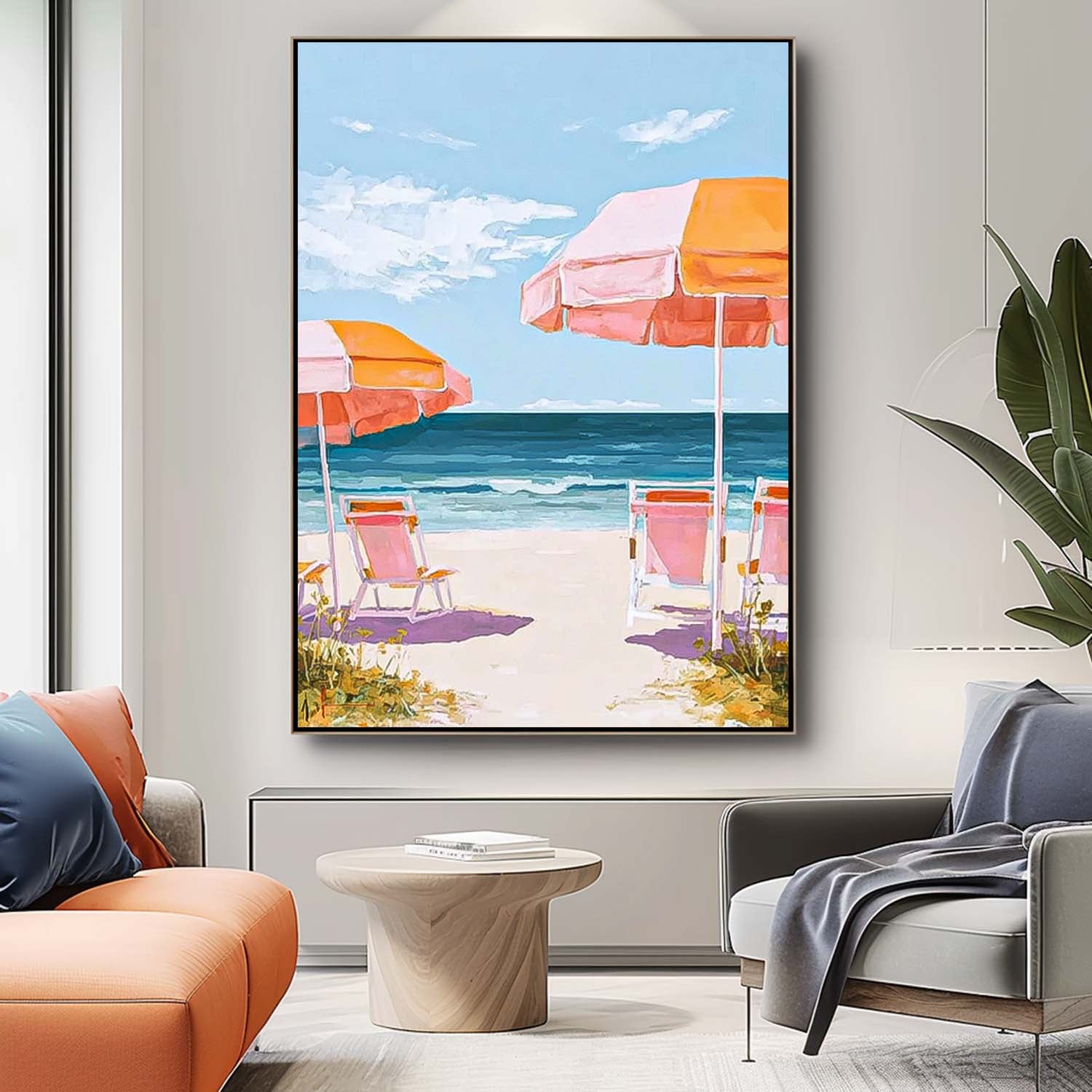Abstract Beach Scenery Oil Painting Framed Colorful Seaside Landscape Artwork Large Wall Art Home Decor