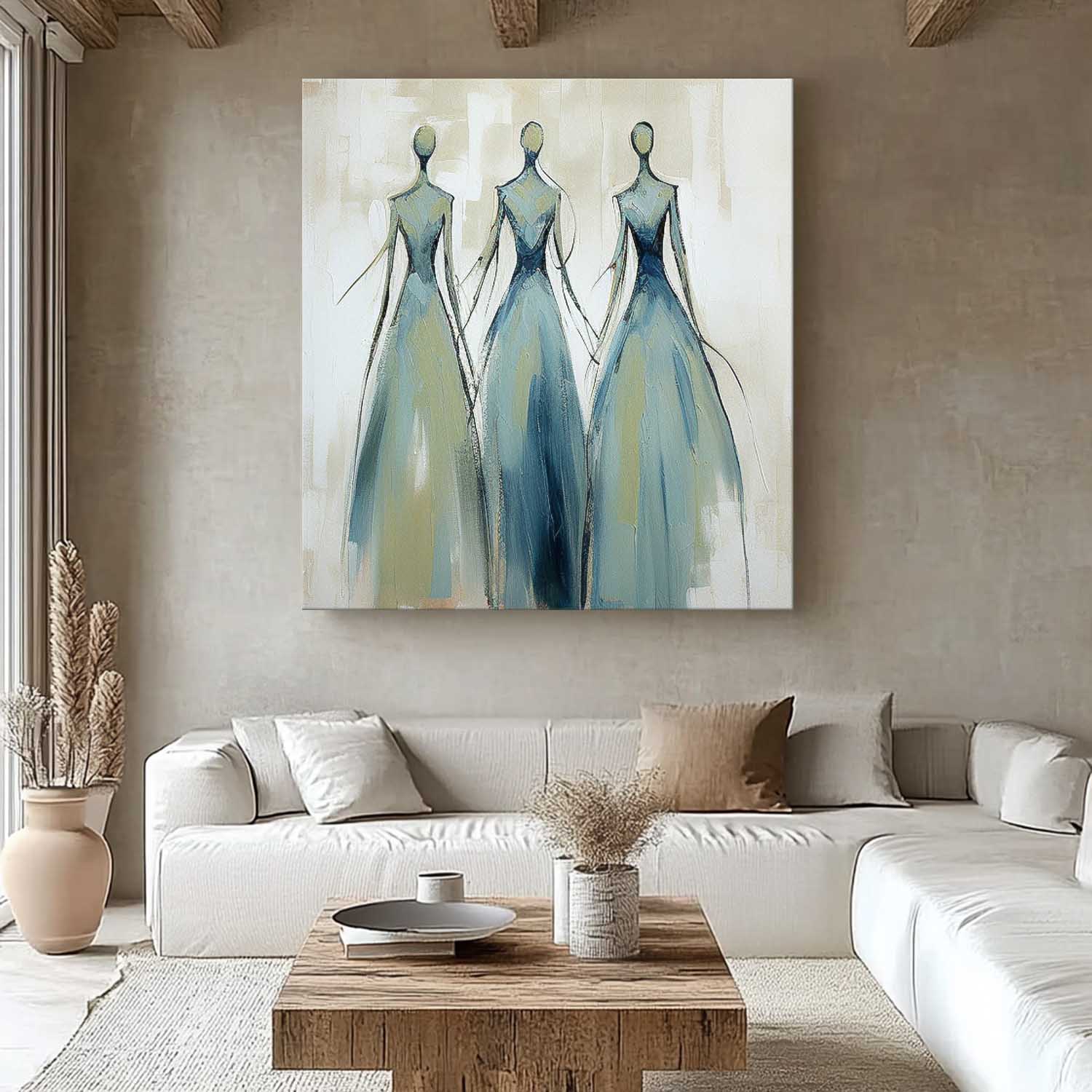 Original Blue Figure Acrylic Painting Canvas Colorful Abstract Wall Art Square Large Portrait Artwork