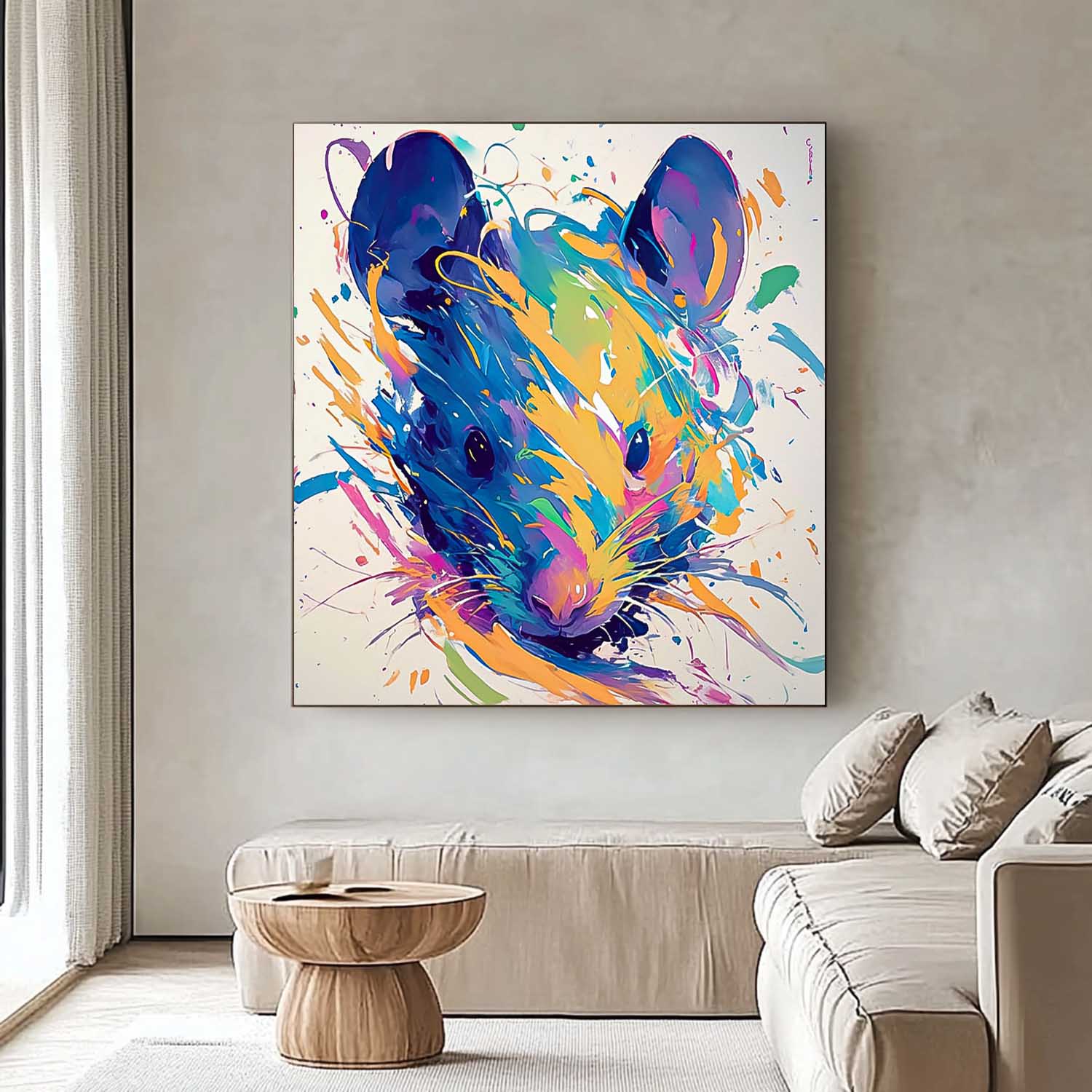 Original Lovely Rat Wall Art Square Mouse Oil Painting Canvas Large Colorful Animal Artwork Home Decor