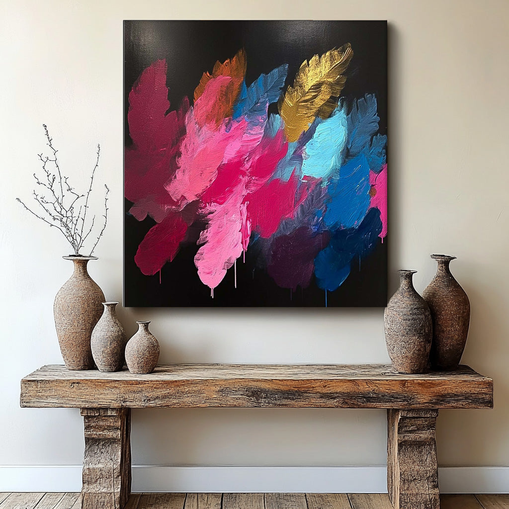 Square Contemporary Colored Leaves Painting Large Textured Abstract Leaves Paintings Original Framed Artwork