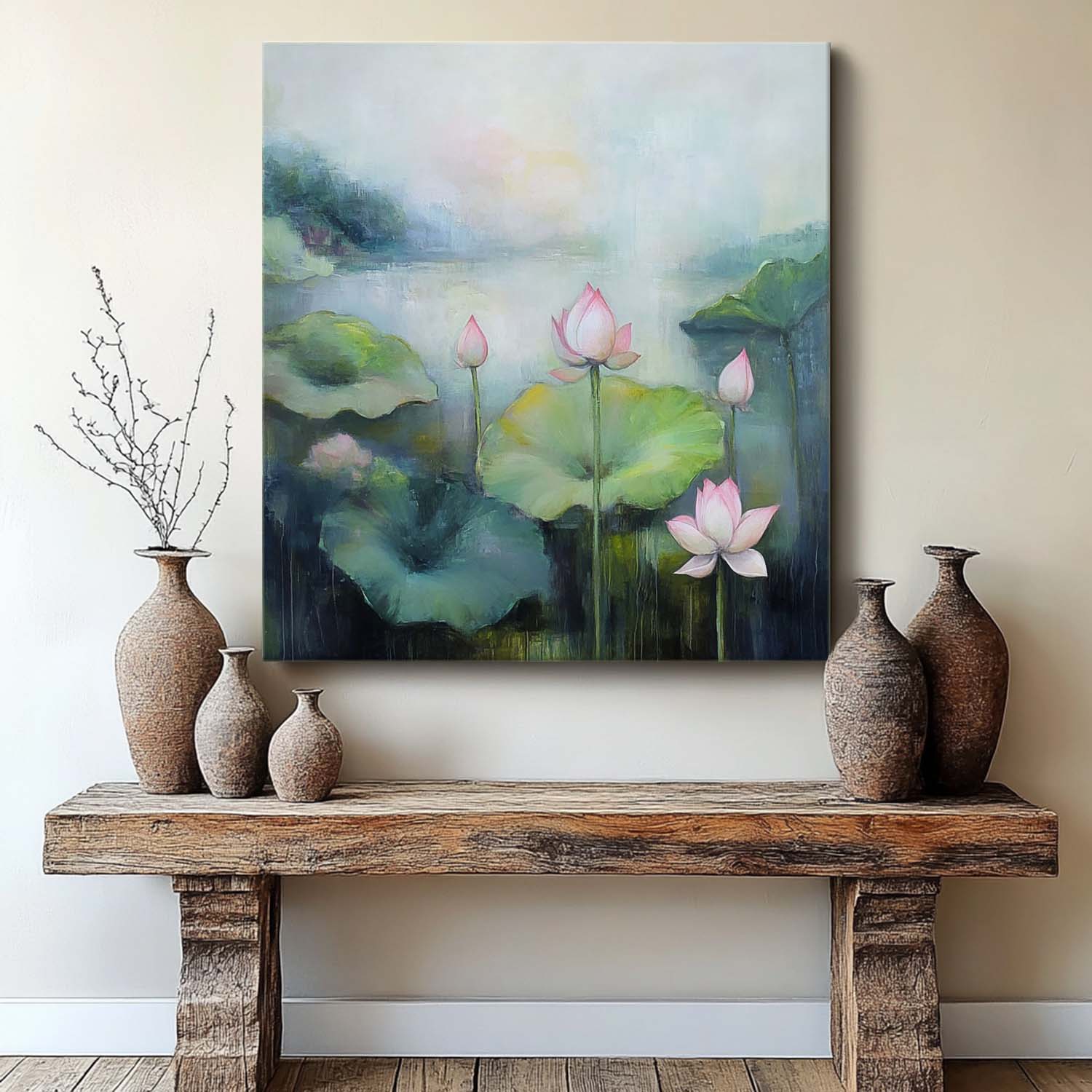 Floral Texture Canvas Painting Original Abstract Lotus Artwork Large Handmade Wall Art For Living Room