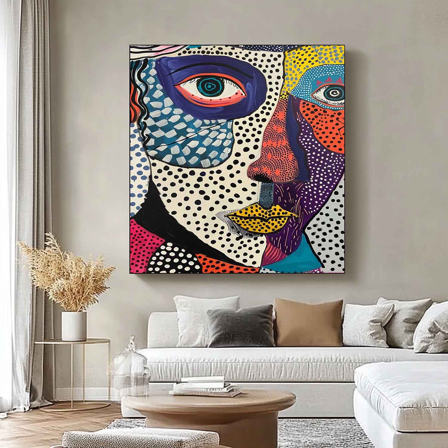 Square Colorful Abstract Wall Art Original Graffiti Face Painting Canvas Large Artwork For Living Room