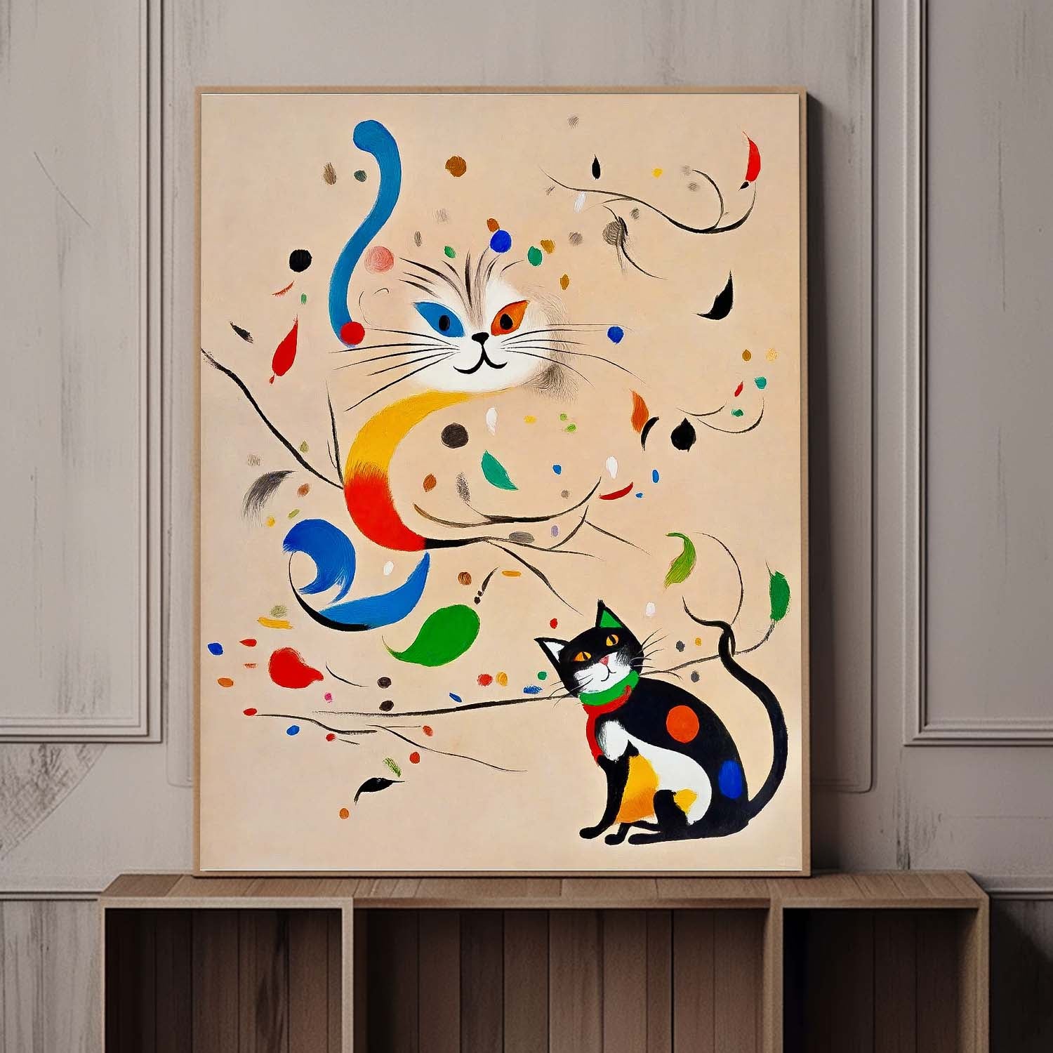Colorful Modern Cat Oil Painting Joan Miró Style Abstract Cat Acrylic Painting Pop Artwork Home Decor