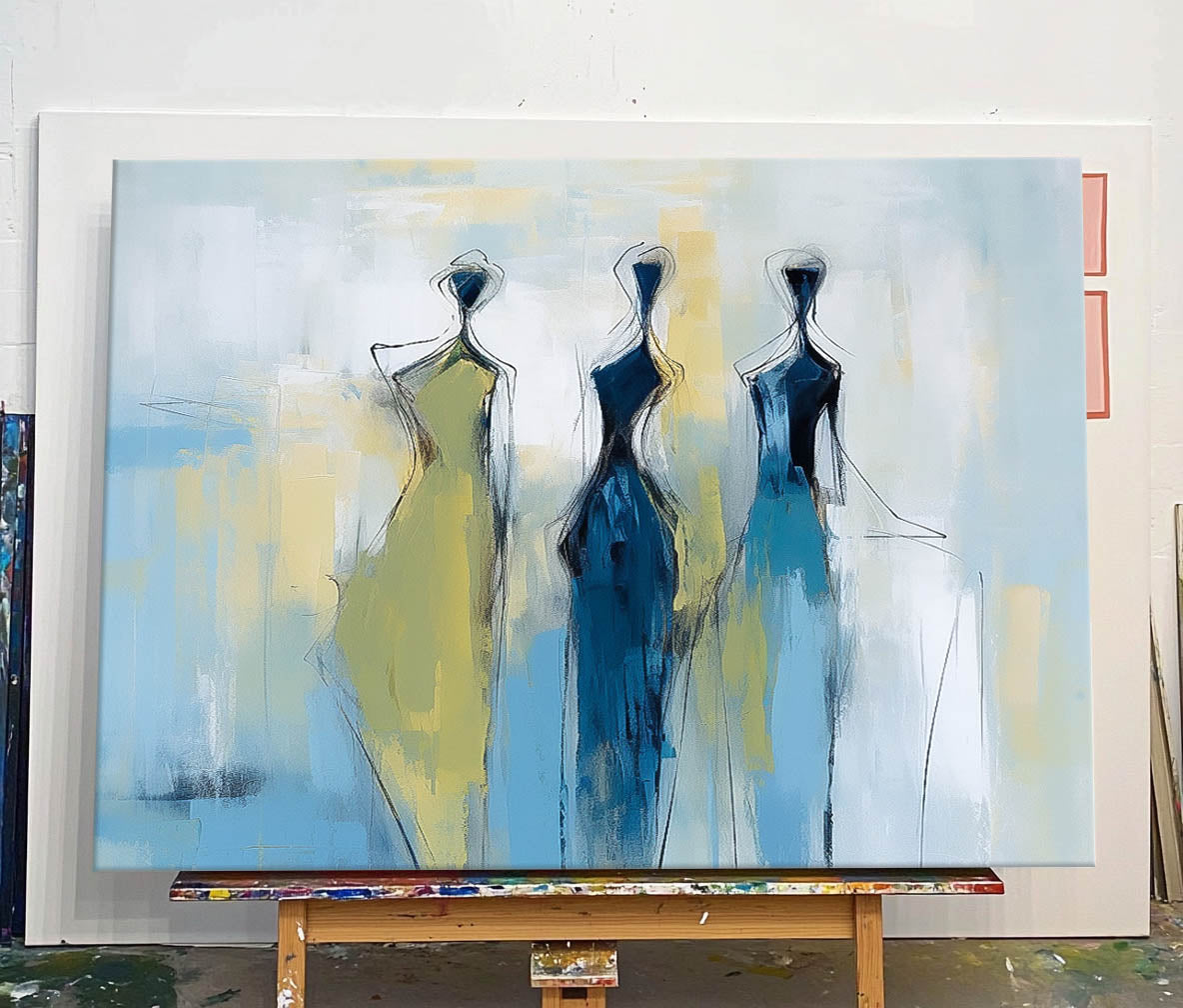 Modern Minimal Abstract Oil Painting Contemporary Gallery Wall Art Blue Figure View Of Back Home Decor