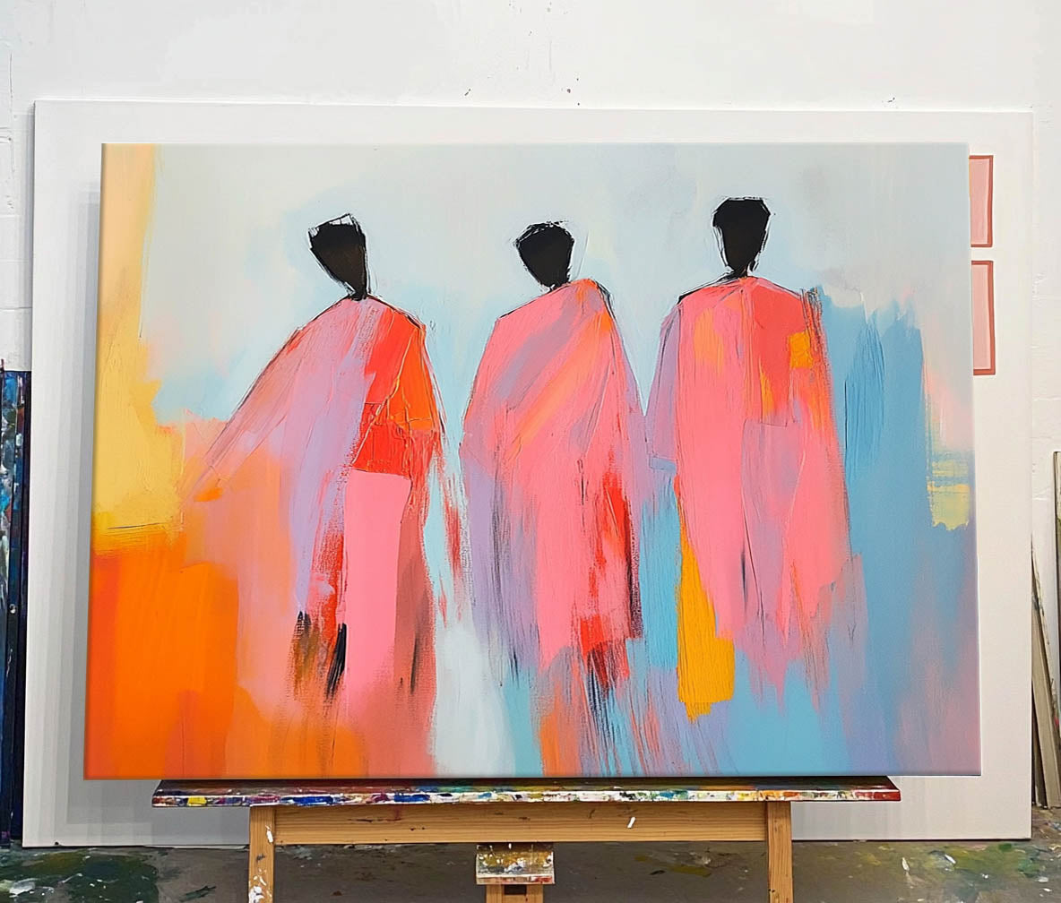 Modern Minimal Abstract Oil Painting Contemporary Gallery Wall Art Pink Figure View Of Back Home Decor