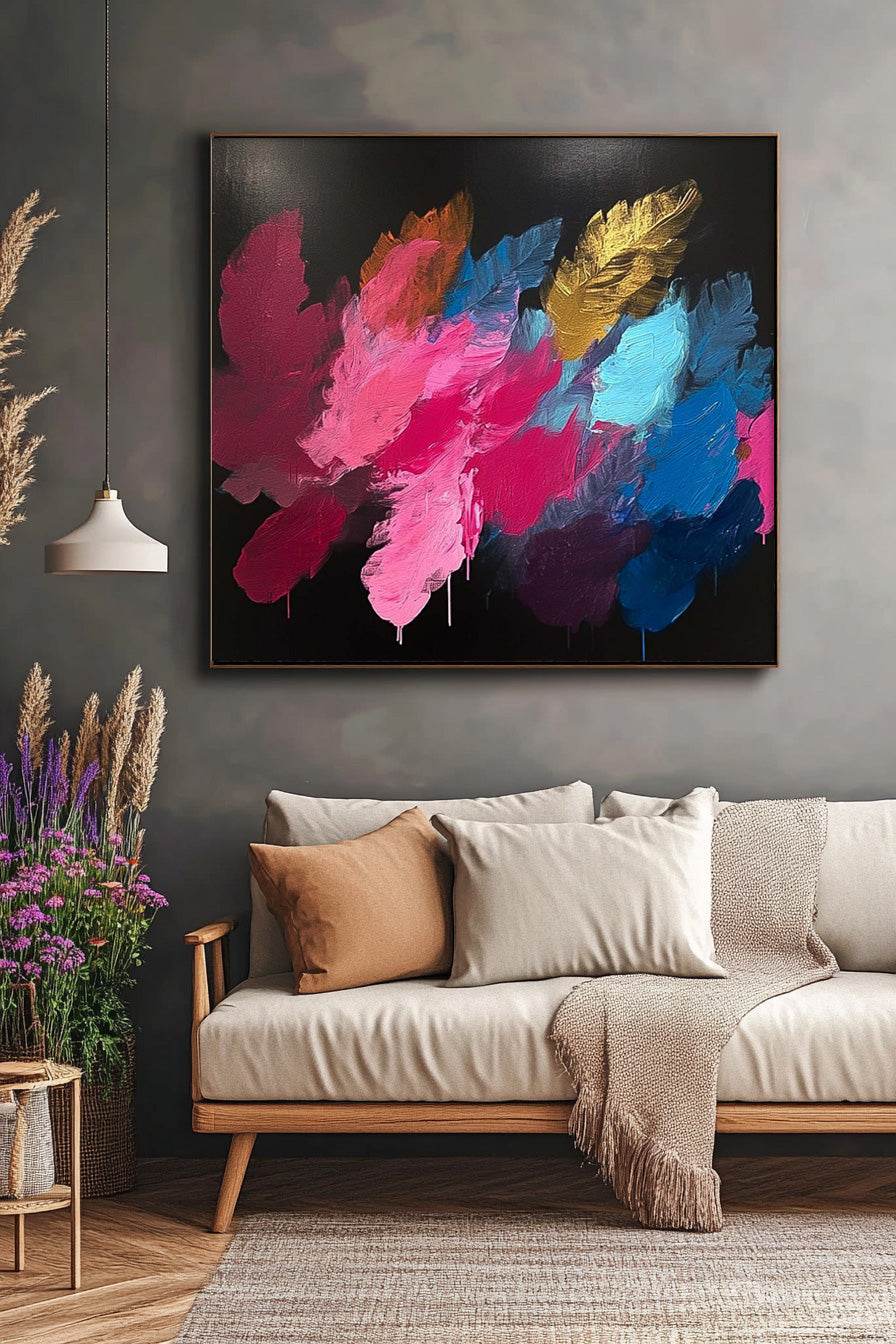 Square Contemporary Colored Leaves Painting Large Textured Abstract Leaves Paintings Original Framed Artwork