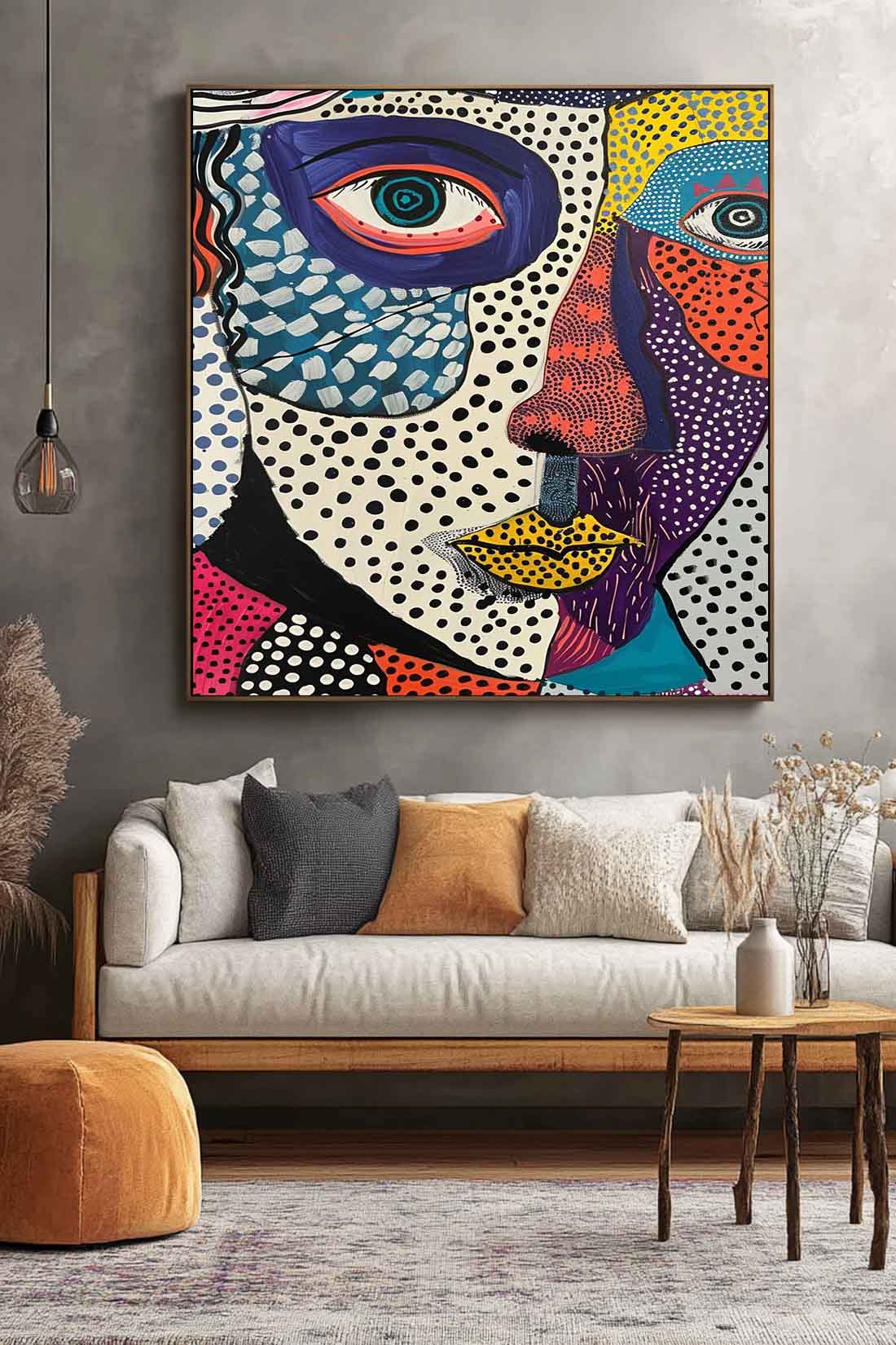 Square Colorful Abstract Wall Art Original Graffiti Face Painting Canvas Large Artwork For Living Room