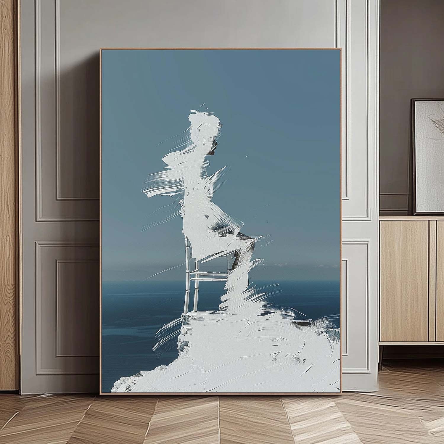 Original Abstract Wall Art Figure shadow Painting Cool Tones Large Outline Acrylic Painting Framed Artwork