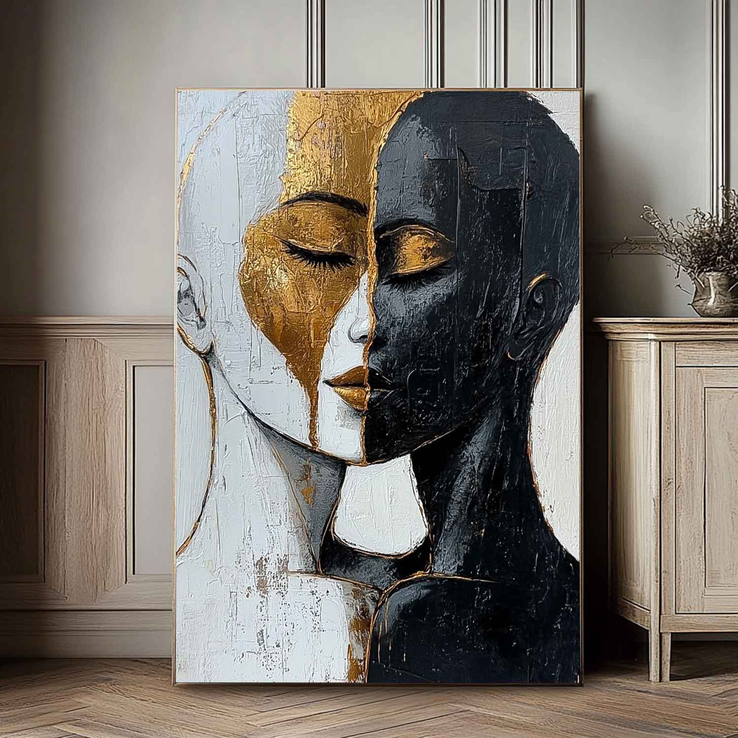 Abstract Black And Gold Artwork Large Duet Acrylic Painting Original Lovers Contemporary Wall Art Framed
