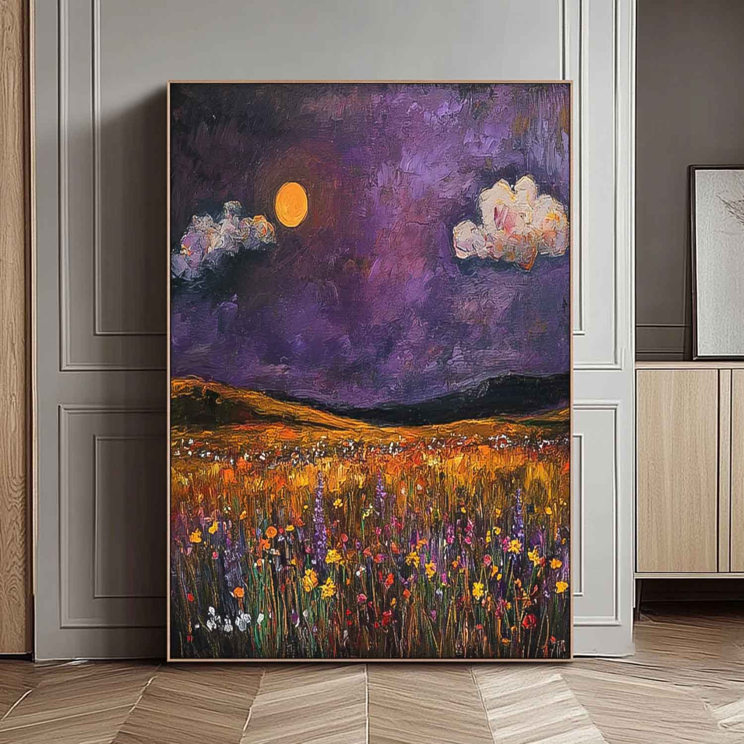 Large Spring Wall Art Original Landscape Oil Painting Abstract Purple Scenery Painting Living Room Decor