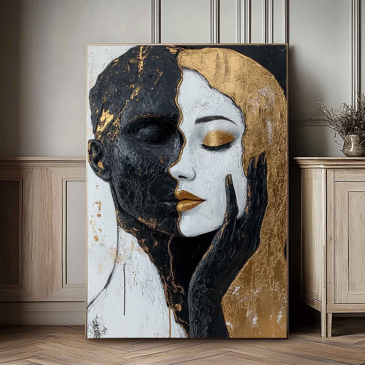 Large Duet Acrylic Painting Abstract Black And Gold Artwork Original Lovers Contemporary Wall Art Framed