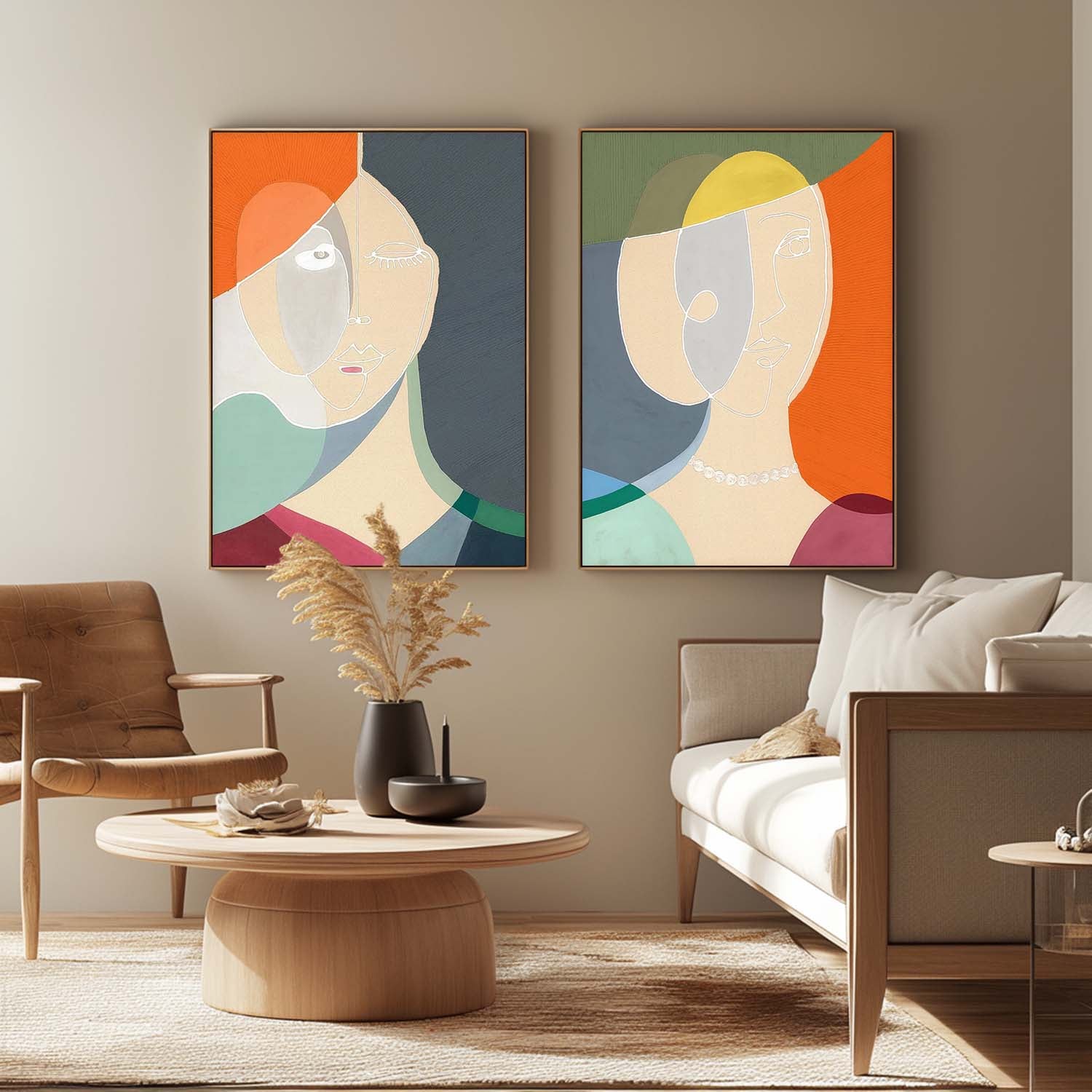 Set of 2 Original Nordic Style Wall Art Minimalism Colorful Abstract Line Artwork Large Figure Painting Gift