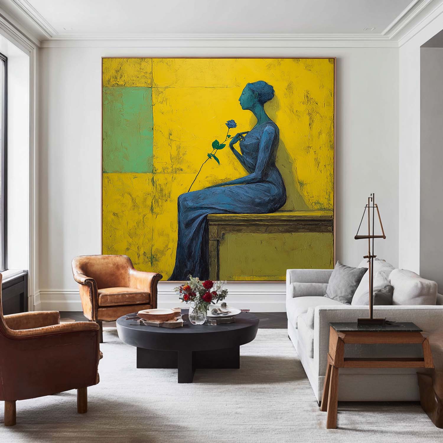 Modern Square Abstract Portrait Painting Elegant Woman In Blue With Rose Yellow & Green Geometric Wall Art