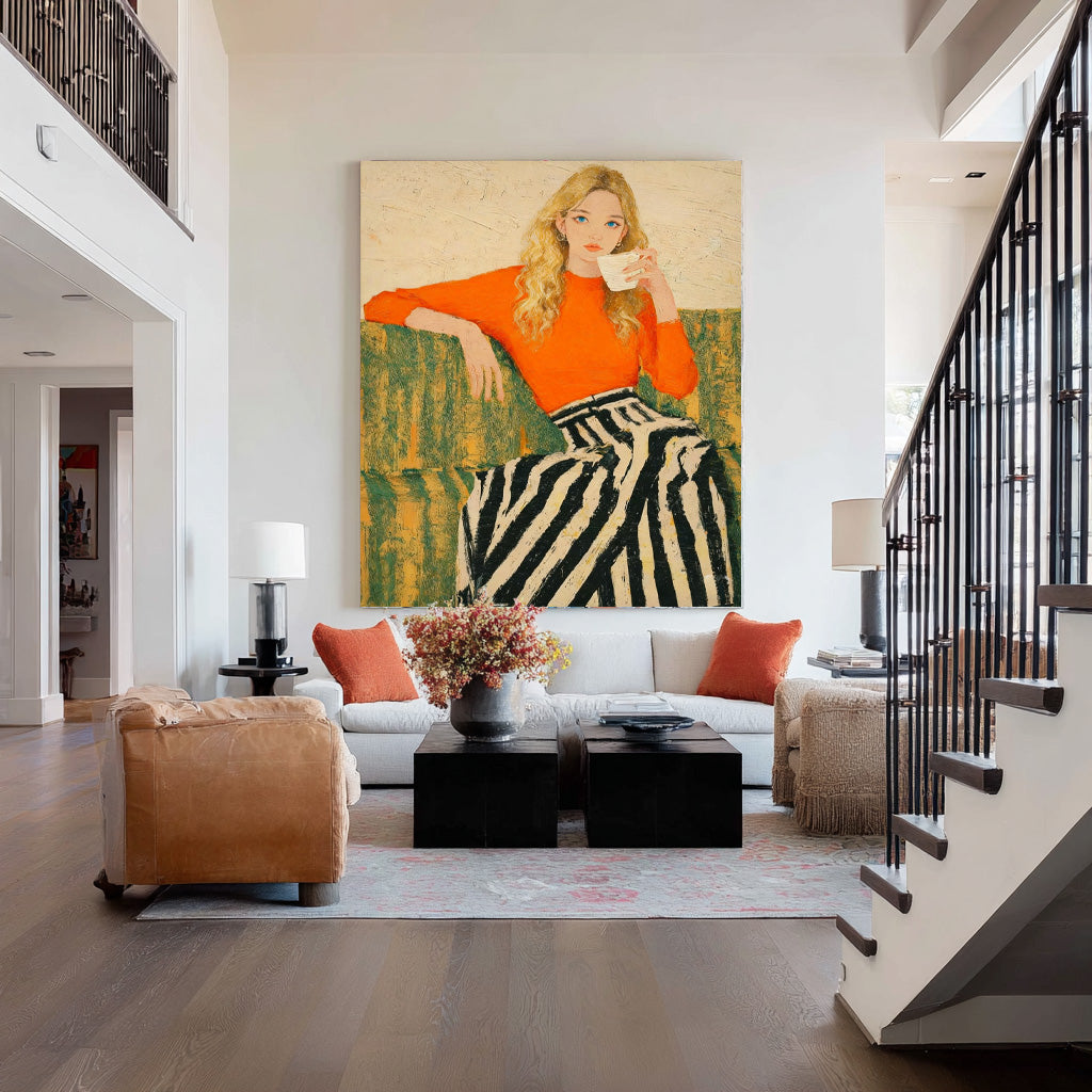 Vibrant Orange Wall Art Modern Expressionist Woman Portrait Oil Painting Contemporary Figurative Canvas Art