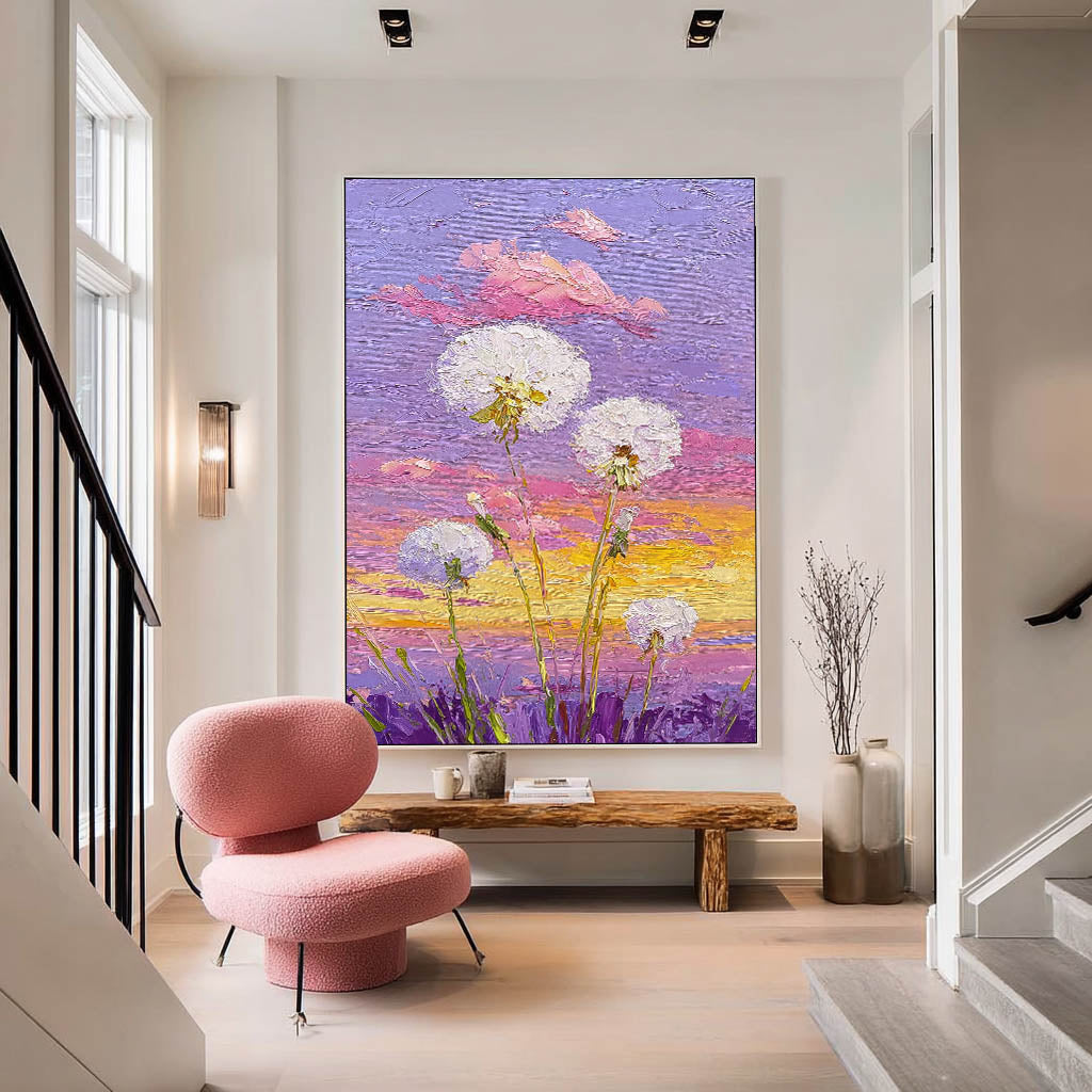 Vertical Dandelion Wall Art Textured Purple Sunset Oil Painting Vibrant Meadow Floral Art Decor