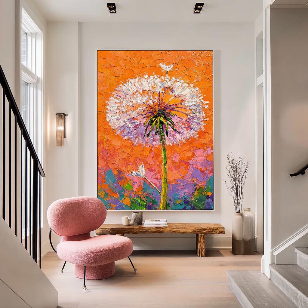 Vibrant Orange Dandelion Oil Painting 3D Textured Palette Knife Wall Art Modern Abstract Floral Canvas