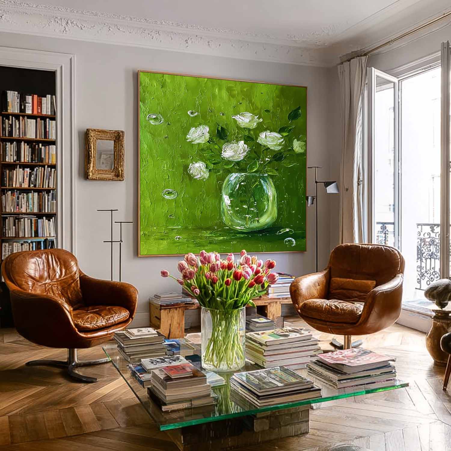 Modern Fresh Green & White Square Floral Canvas Textured Rose Oil Painting Healing Aesthetic Still Life Decor