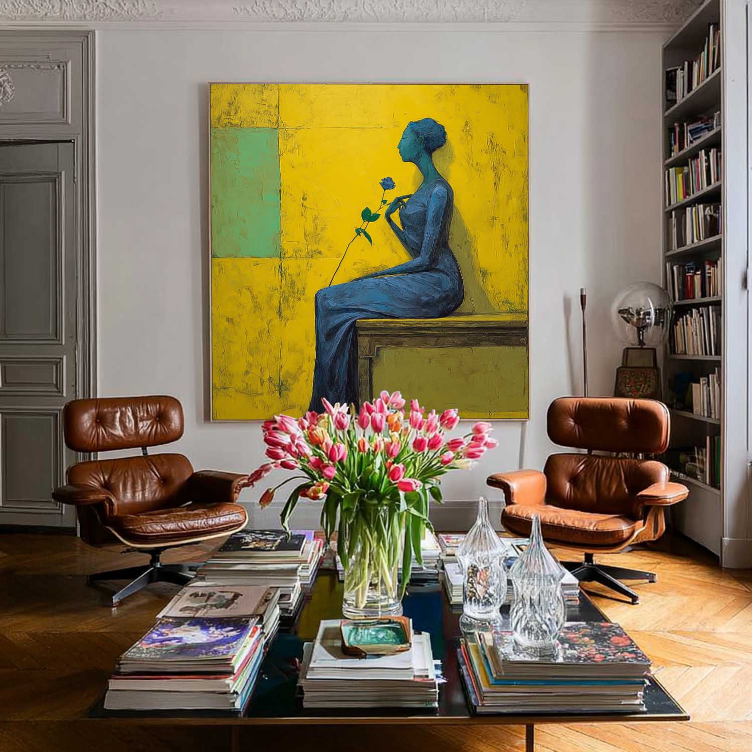 Modern Square Abstract Portrait Painting Elegant Woman In Blue With Rose Yellow & Green Geometric Wall Art