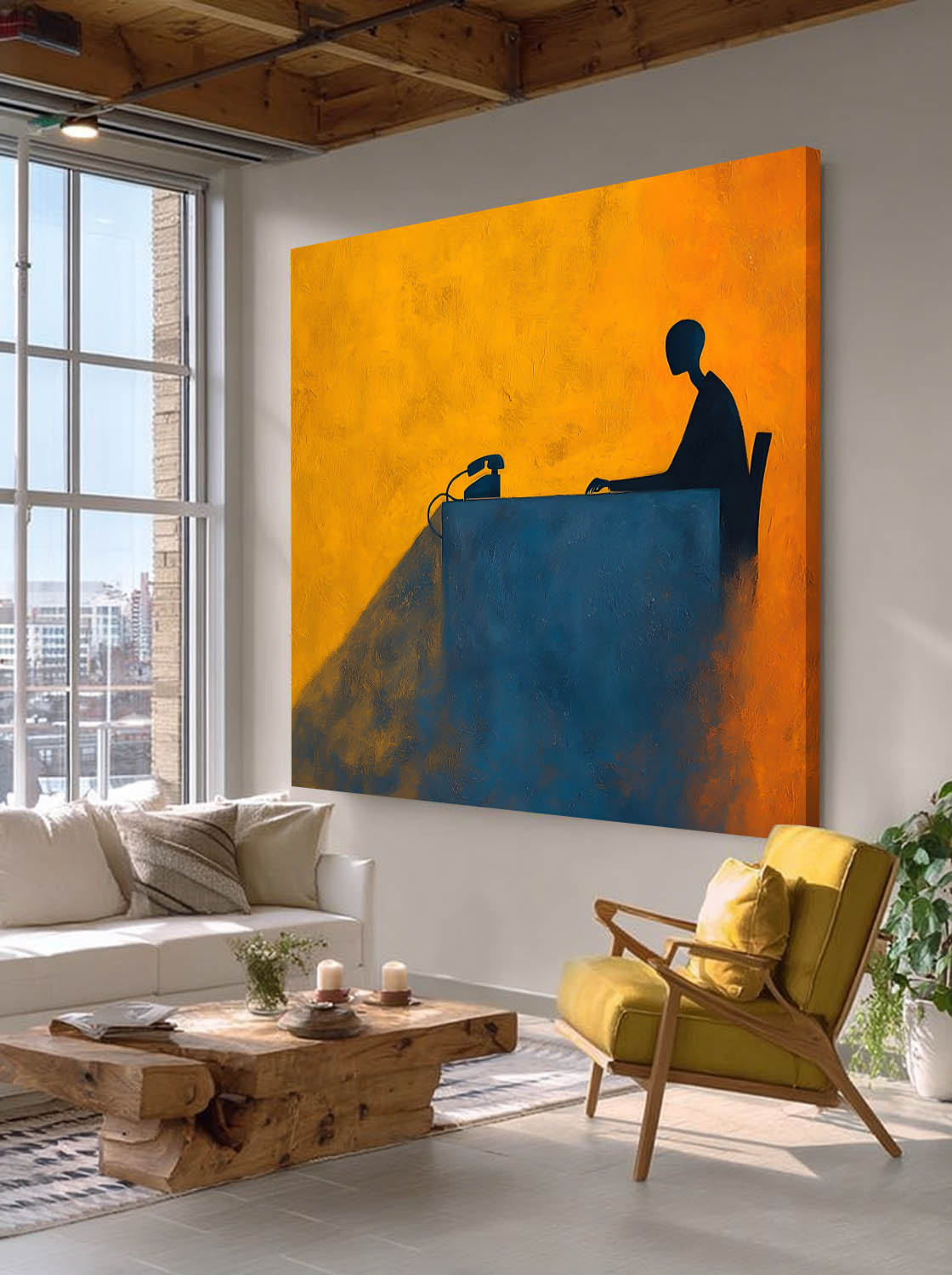 Abstract Blue Figure Wall Art Vibrant Yellow Expressionist Painting Surreal Silhouette Contemporary Style