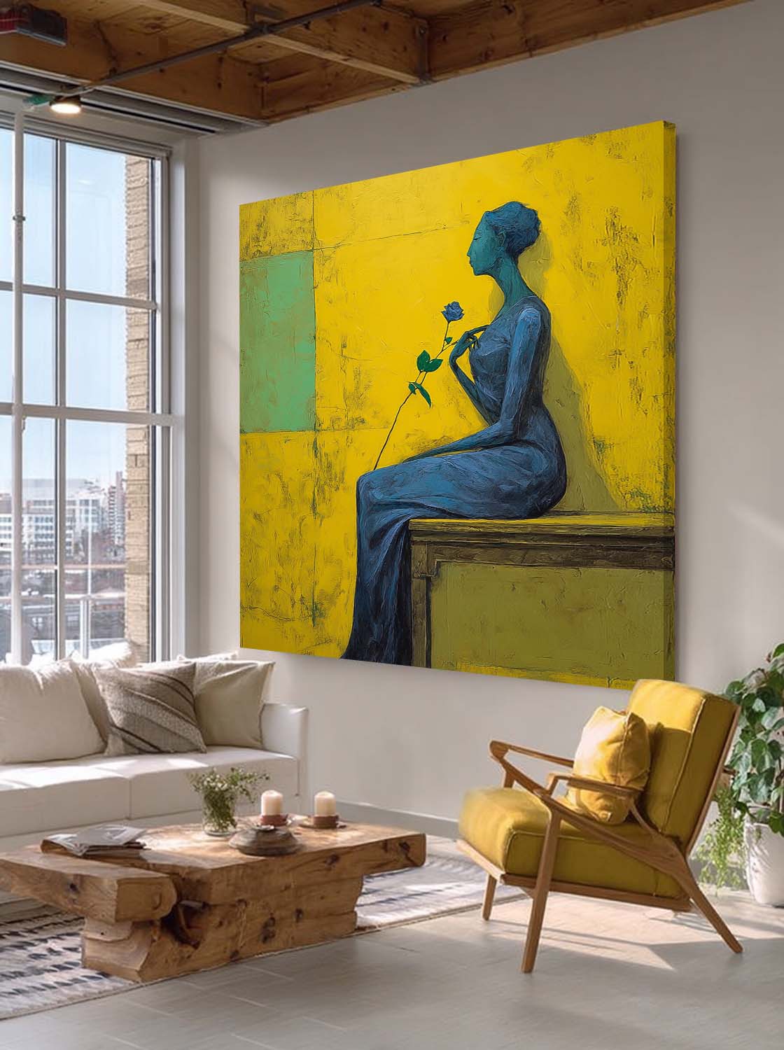 Modern Square Abstract Portrait Painting Elegant Woman In Blue With Rose Yellow & Green Geometric Wall Art