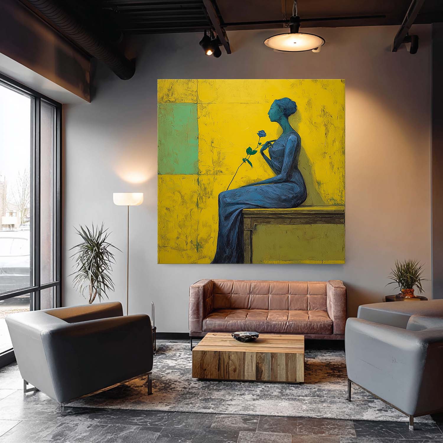 Modern Square Abstract Portrait Painting Elegant Woman In Blue With Rose Yellow & Green Geometric Wall Art