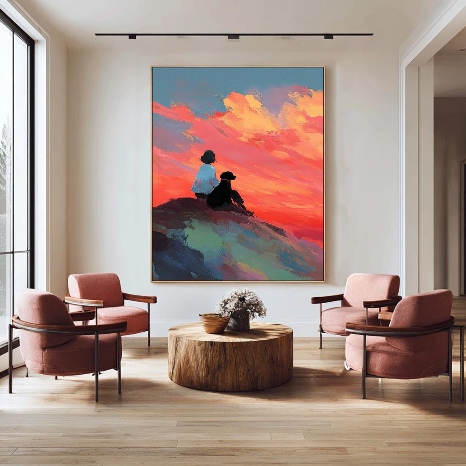 Abstract Sunset Wall Art Girl And Dog On Hilltop Contemporary Framed Painting Modern Impressionist Artwork