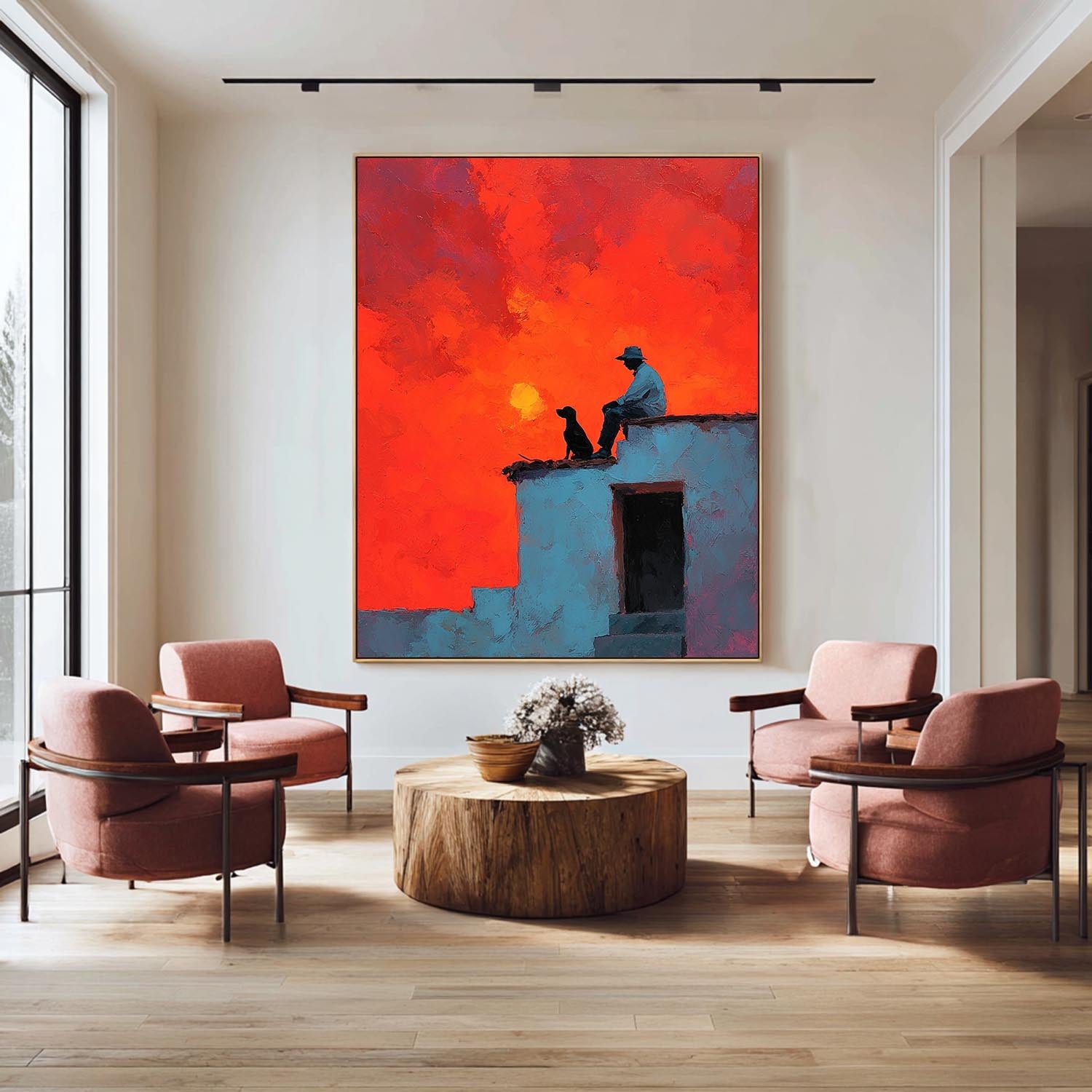 Vibrant Crimson Sunset Clouds Landscape Art Modern Impressionist Boy And Pet Canvas Modern Abstract Wall Decor