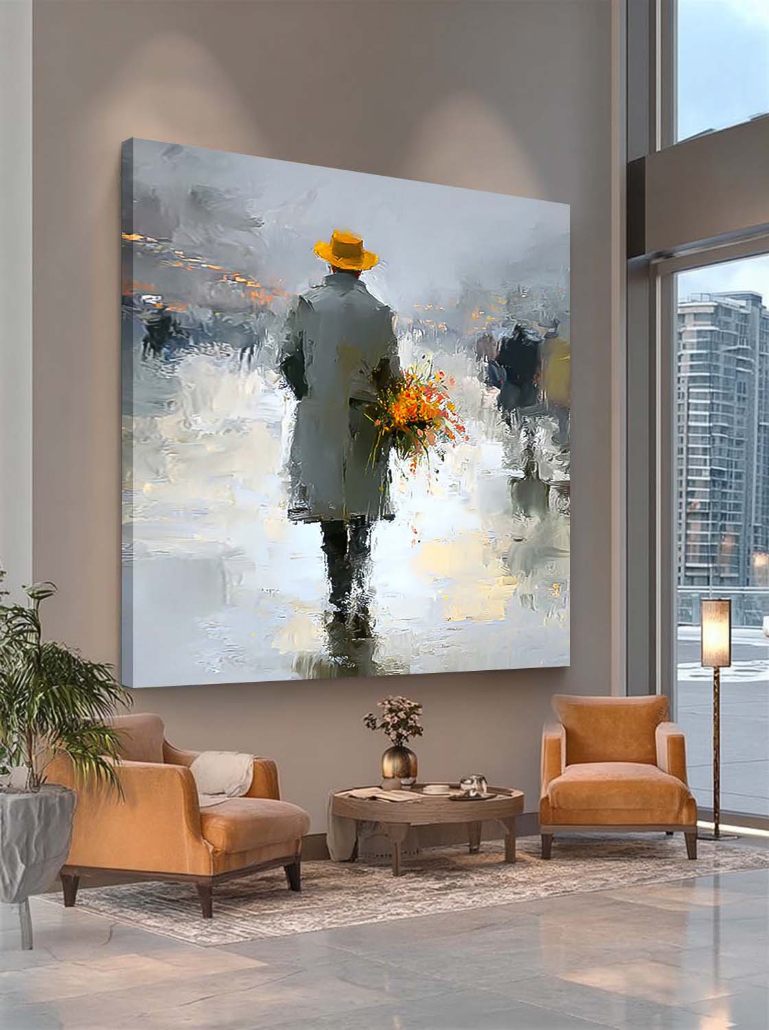 Contemporary Figural Artwork Impressionist Man In Yellow Hat Oil Painting Canvas Modern Abstract Wall Art
