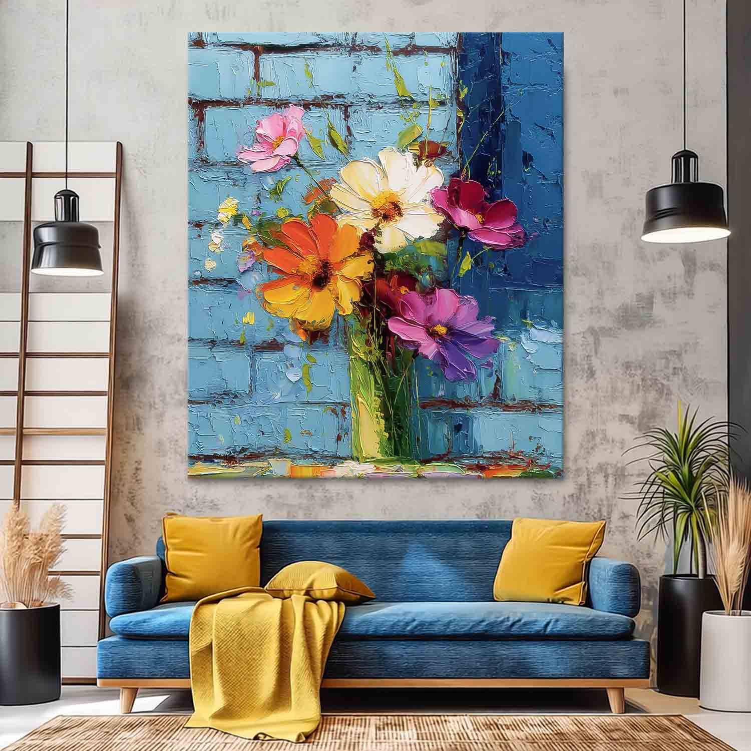 Vertical Textured Floral Oil Painting Modern Impasto Wildflowers Wall Art 3D Palette Knife Floral Decor