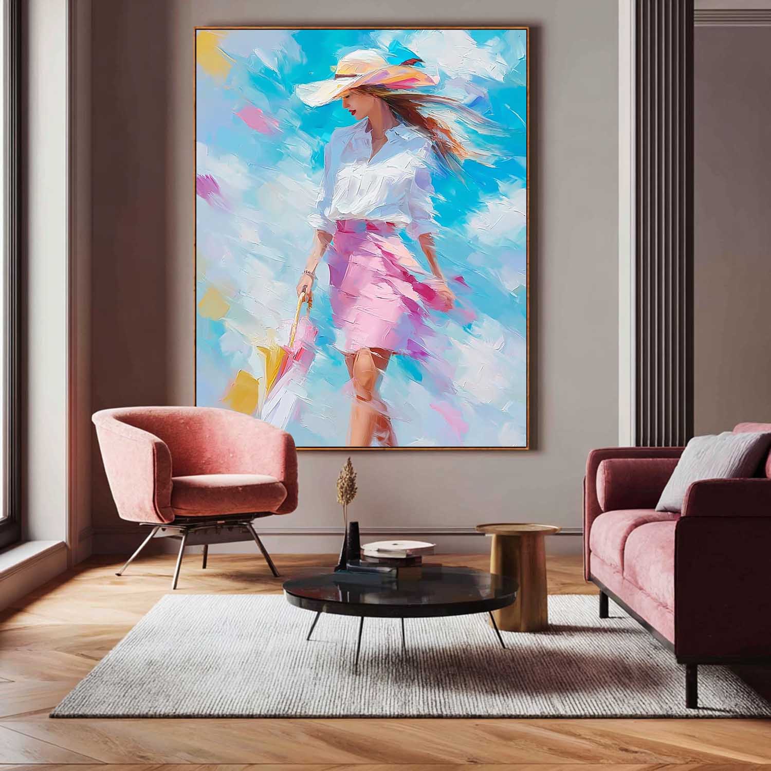 Large Vertical Fashion Wall Decor Urban Lady Style Canvas Sophisticated Gift Vibrant Urban Life Painting