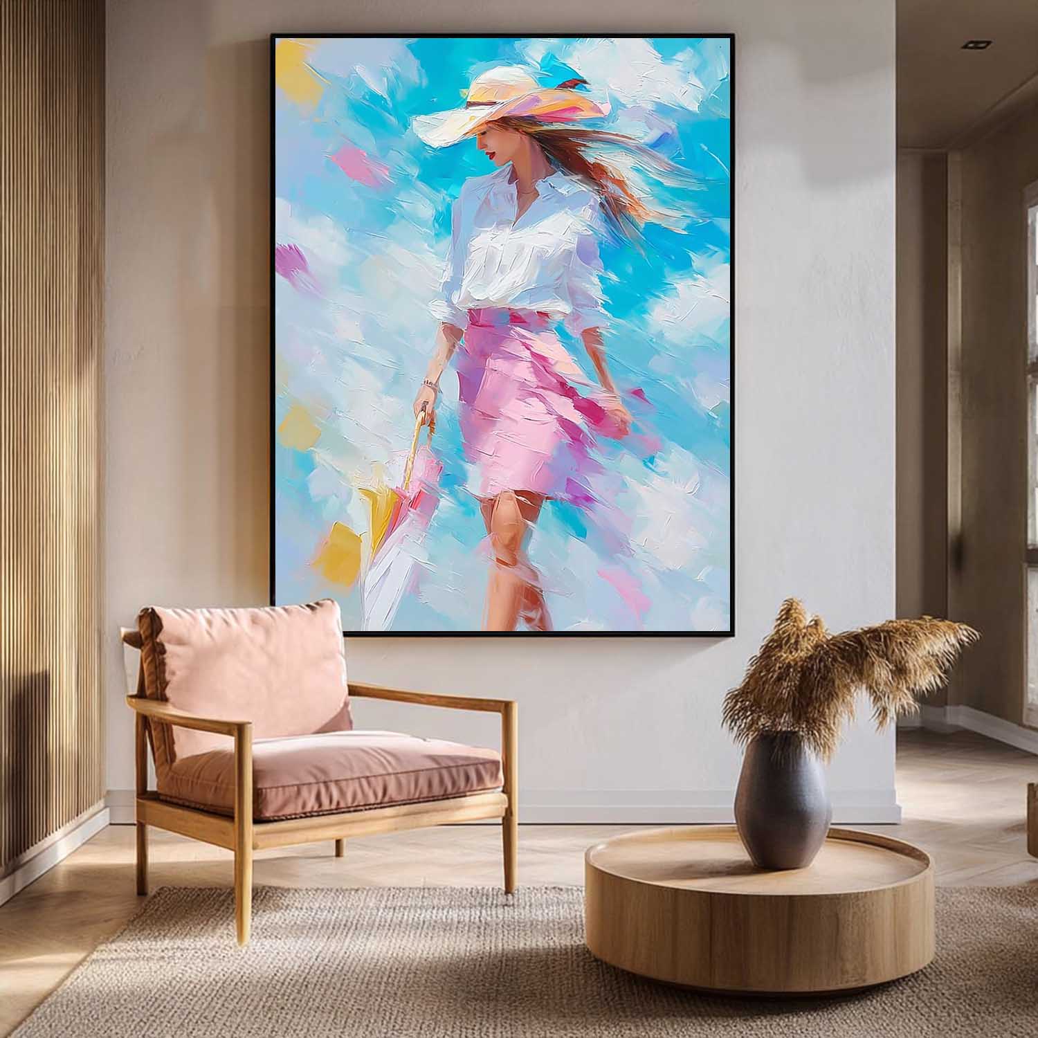 Large Vertical Fashion Wall Decor Urban Lady Style Canvas Sophisticated Gift Vibrant Urban Life Painting