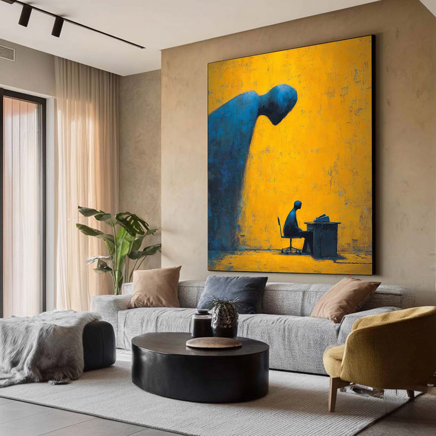 Deep Blue Silhouette Abstract Artwork Modern Office Decor Surrealist Figure Painting Concept Studio Wall Art