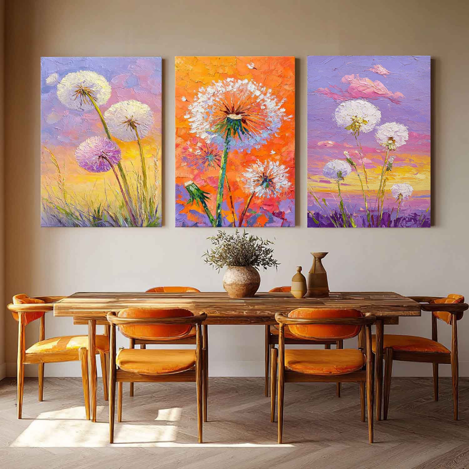 Impressionist Sunset Wildflower Painting Triptych Boho Decor Vibrant Color Dandelion Modern Floral Art