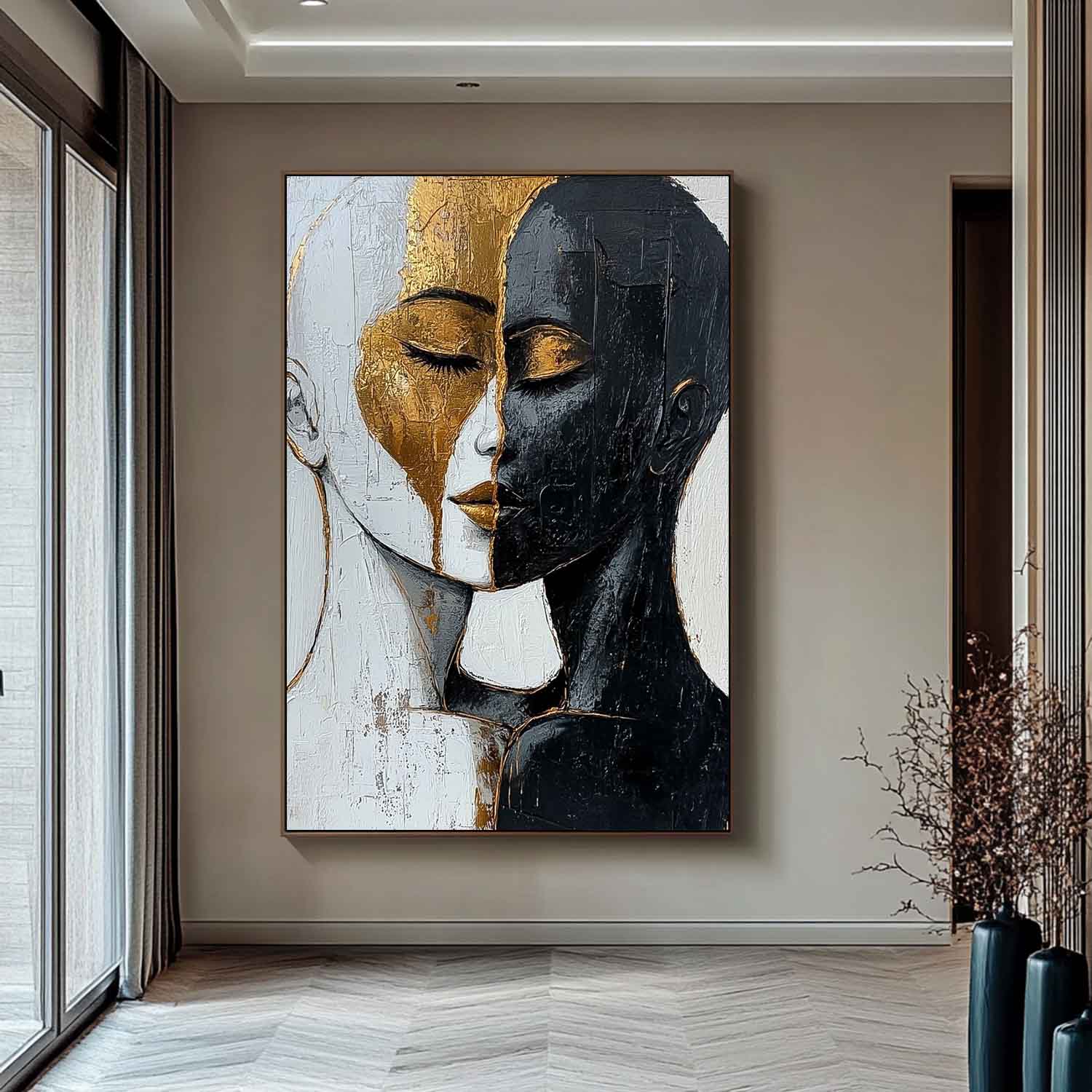 Abstract Black And Gold Artwork Large Duet Acrylic Painting Original Lovers Contemporary Wall Art Framed