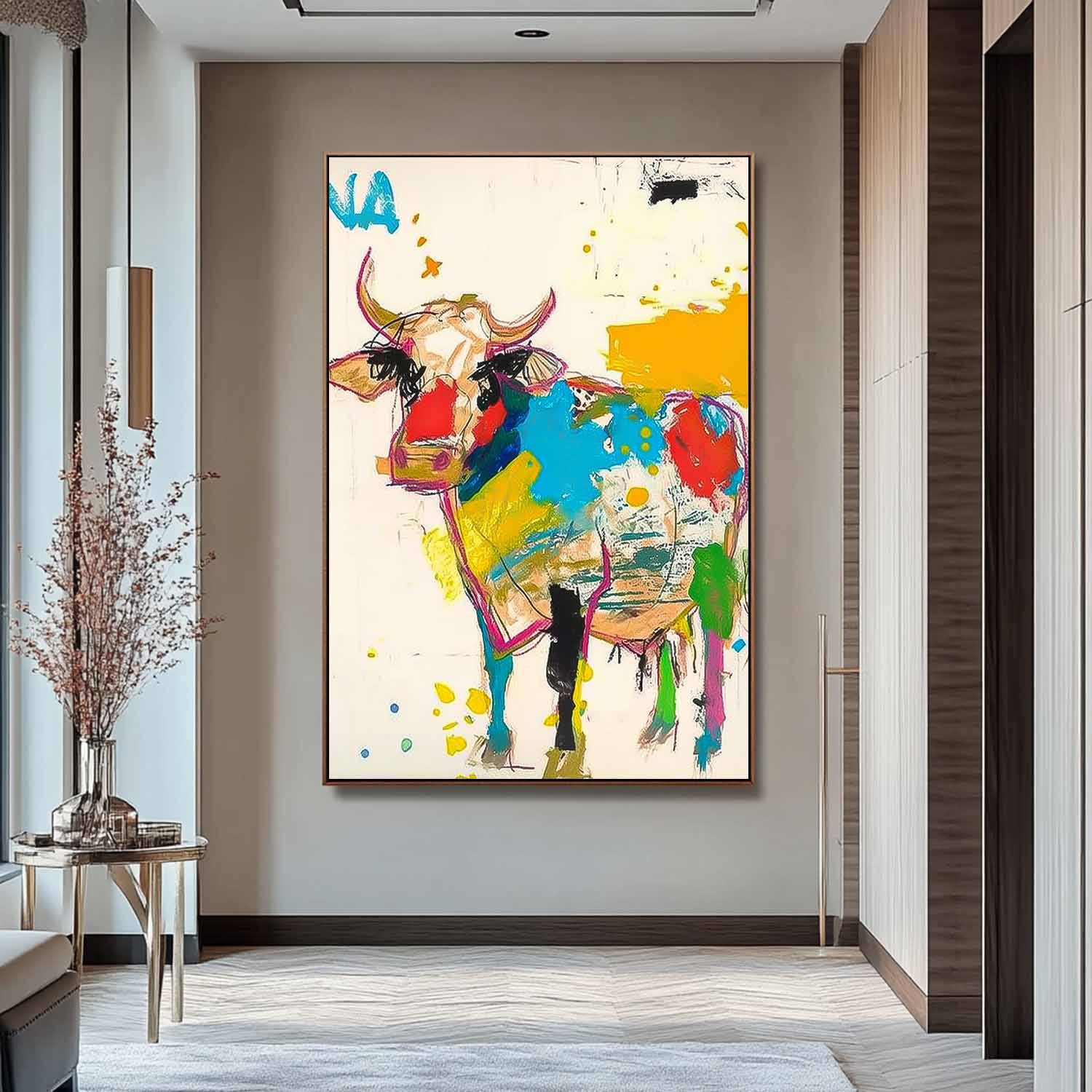 Large Acrylic Painting  Modern Colorful Cow Abstract Wall Art Minimalism Ox Animal Oil Painting Home Decor