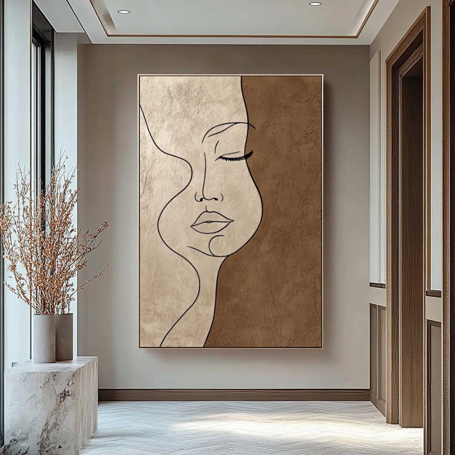 Brown Original Figure Acrylic Painting Large Women Face Abstract Wall Art Portrait Artwork Home Decor
