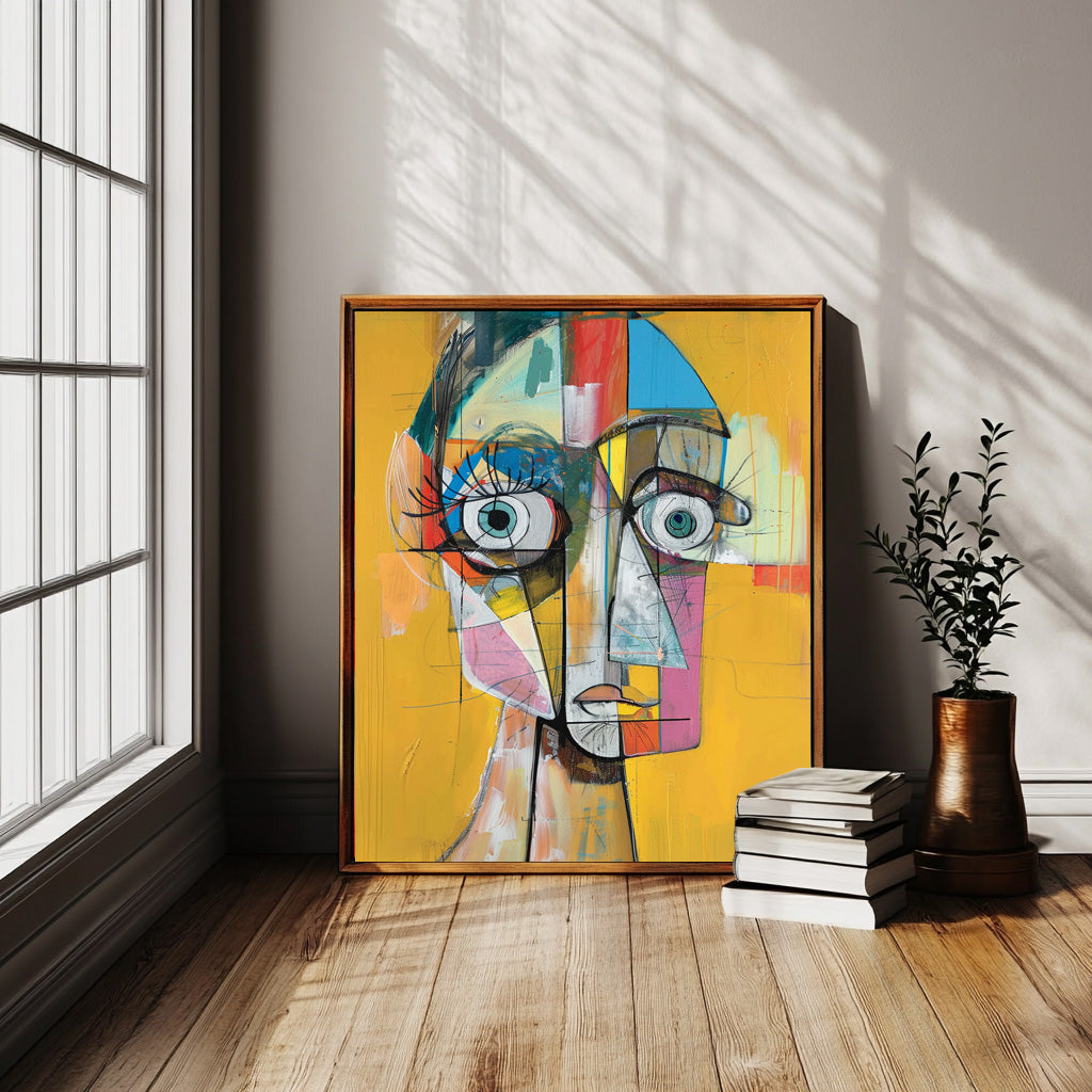 Original Bold Yellow Artwork Modern Facial Wall Art Expressive Abstract Faces Painting Home Decor