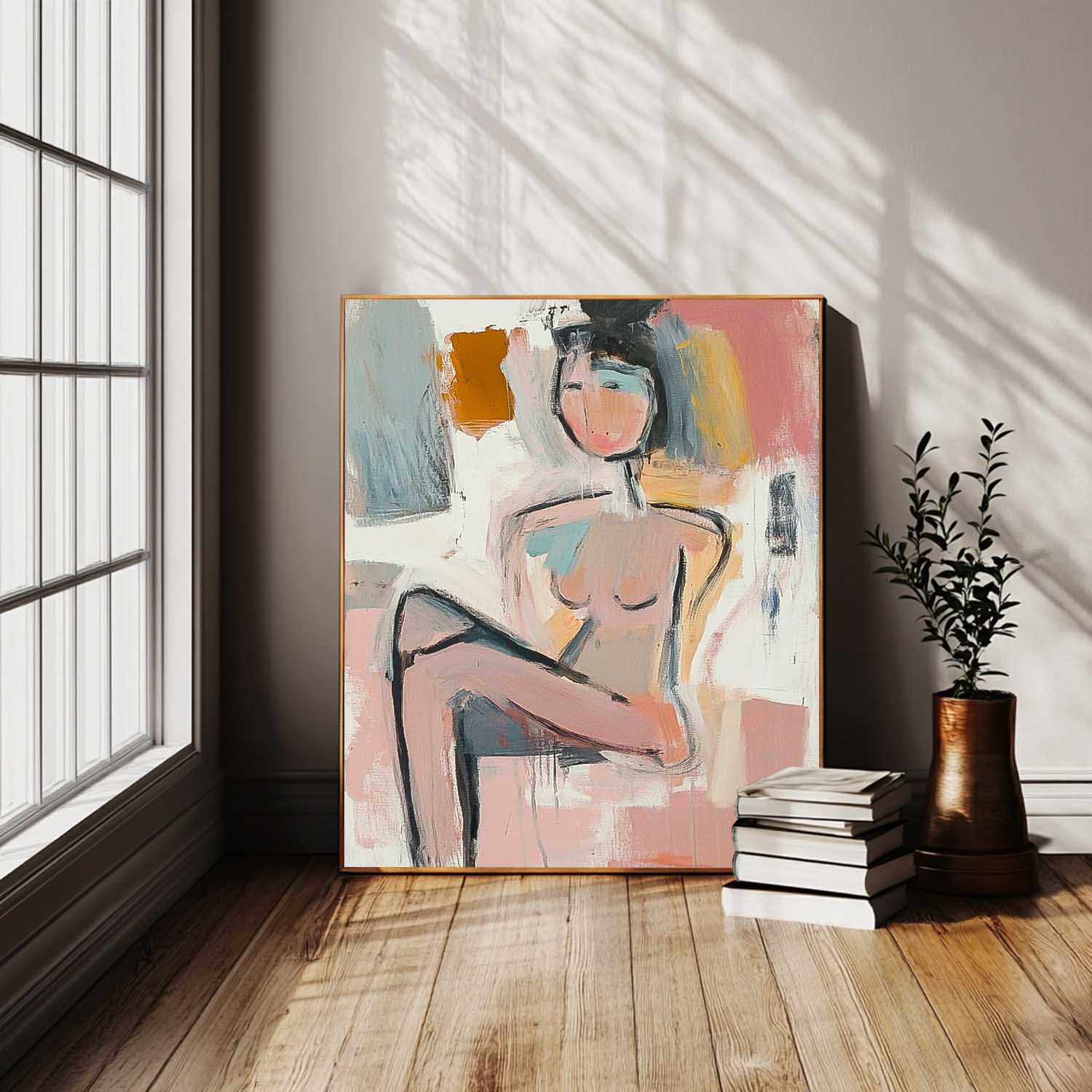 Abstract Doodle Artwork Large Girl Painting Abstract Lady Painting Original Wall Art Framed For Living Room