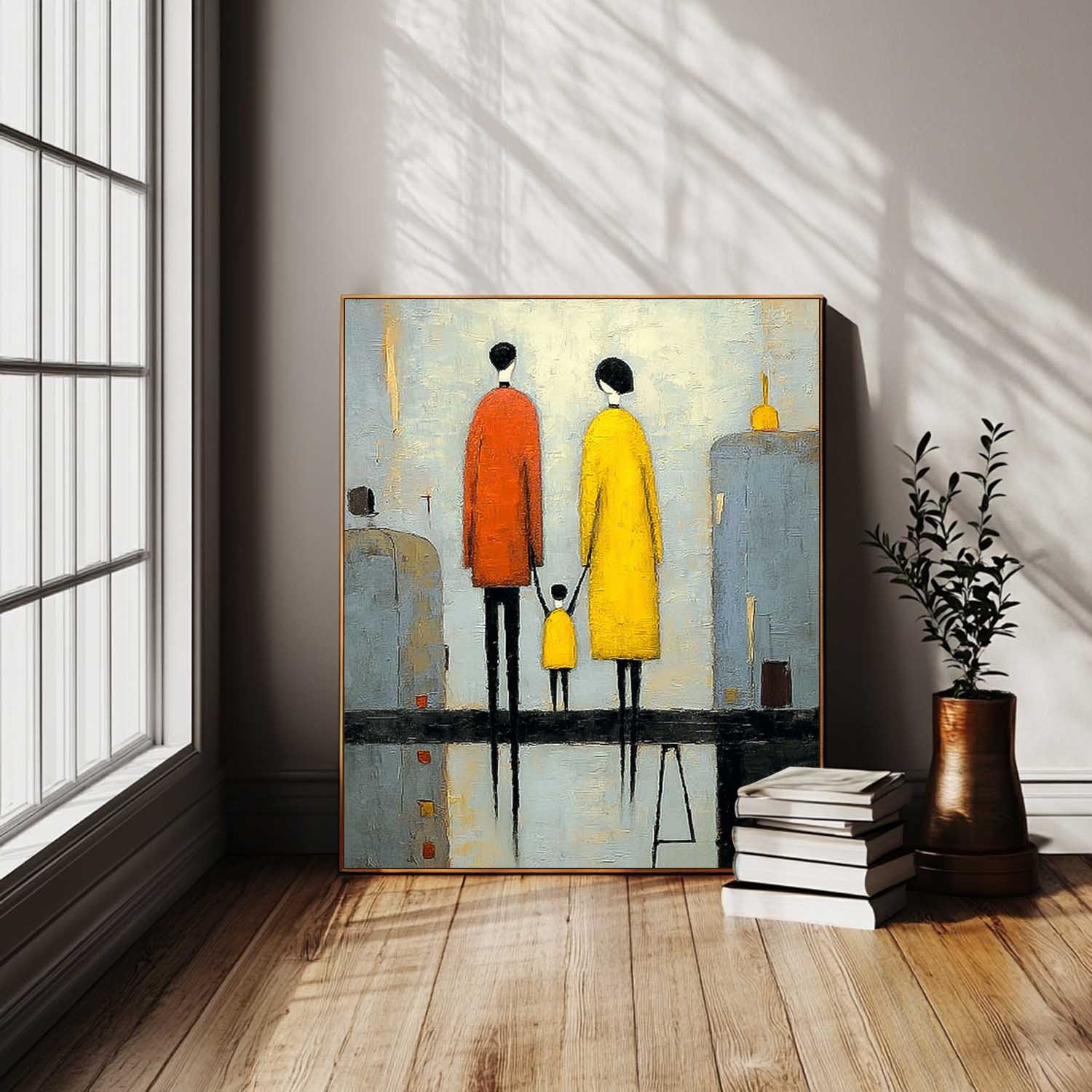 Minimalist Family Wall Art Original Neutral Background Oil Painting Modern City Silhouette Home Decor