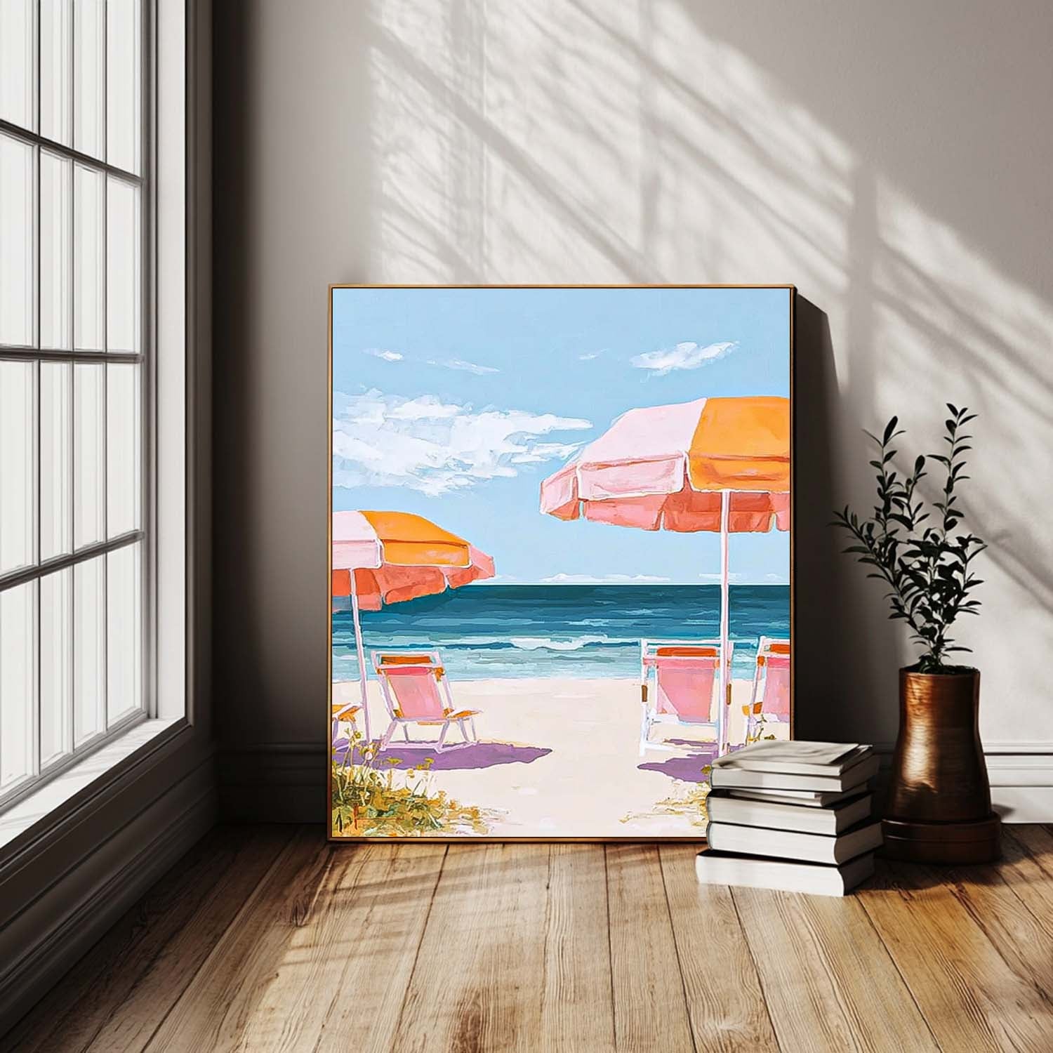 Abstract Beach Scenery Oil Painting Framed Colorful Seaside Landscape Artwork Large Wall Art Home Decor