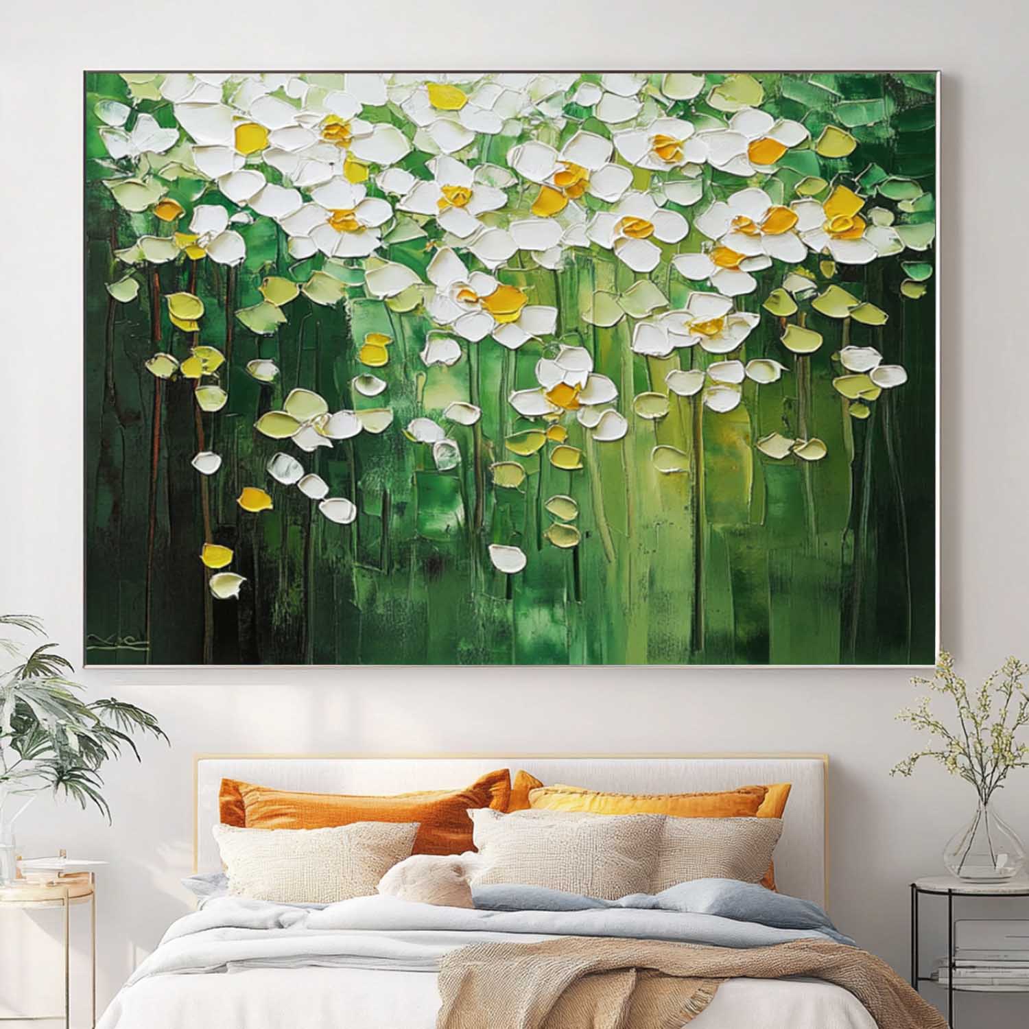 Horizontal Flower Beauty Texture Artwork Original Abstract Green Oil Painting On Canvas Home Decor Gift