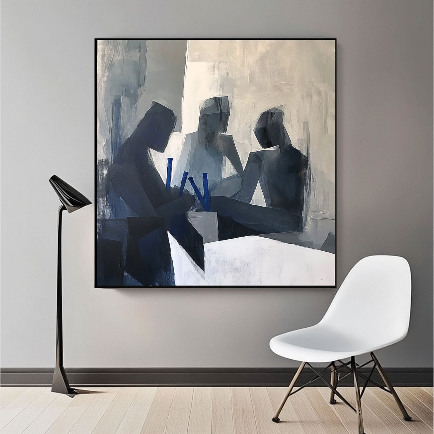 Original Grey Figure Acrylic Painting Canvas Abstract Wall Art Square Large Portrait Contour Artwork